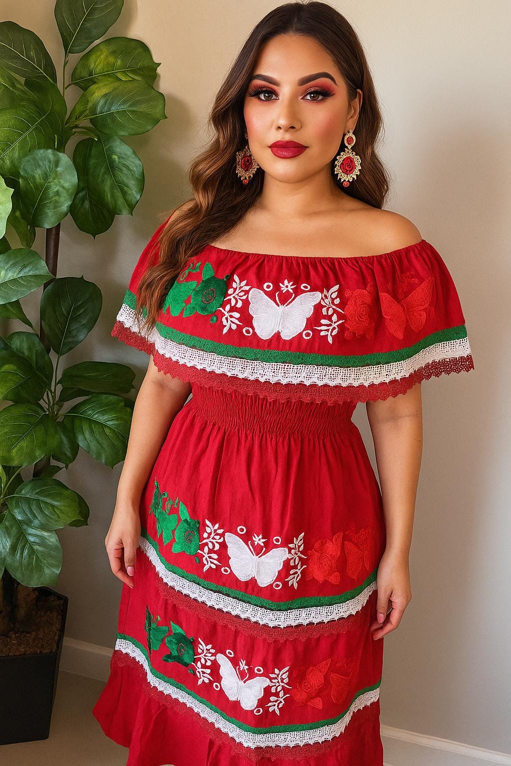 Image of Embroidered Mexican Dress: Red, White & Green Floral Manta Cotton