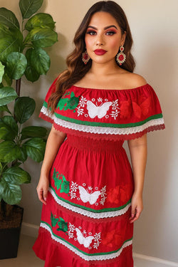 Embroidered Mexican Dress: Red, White & Green Floral Manta Cotton – Raquells