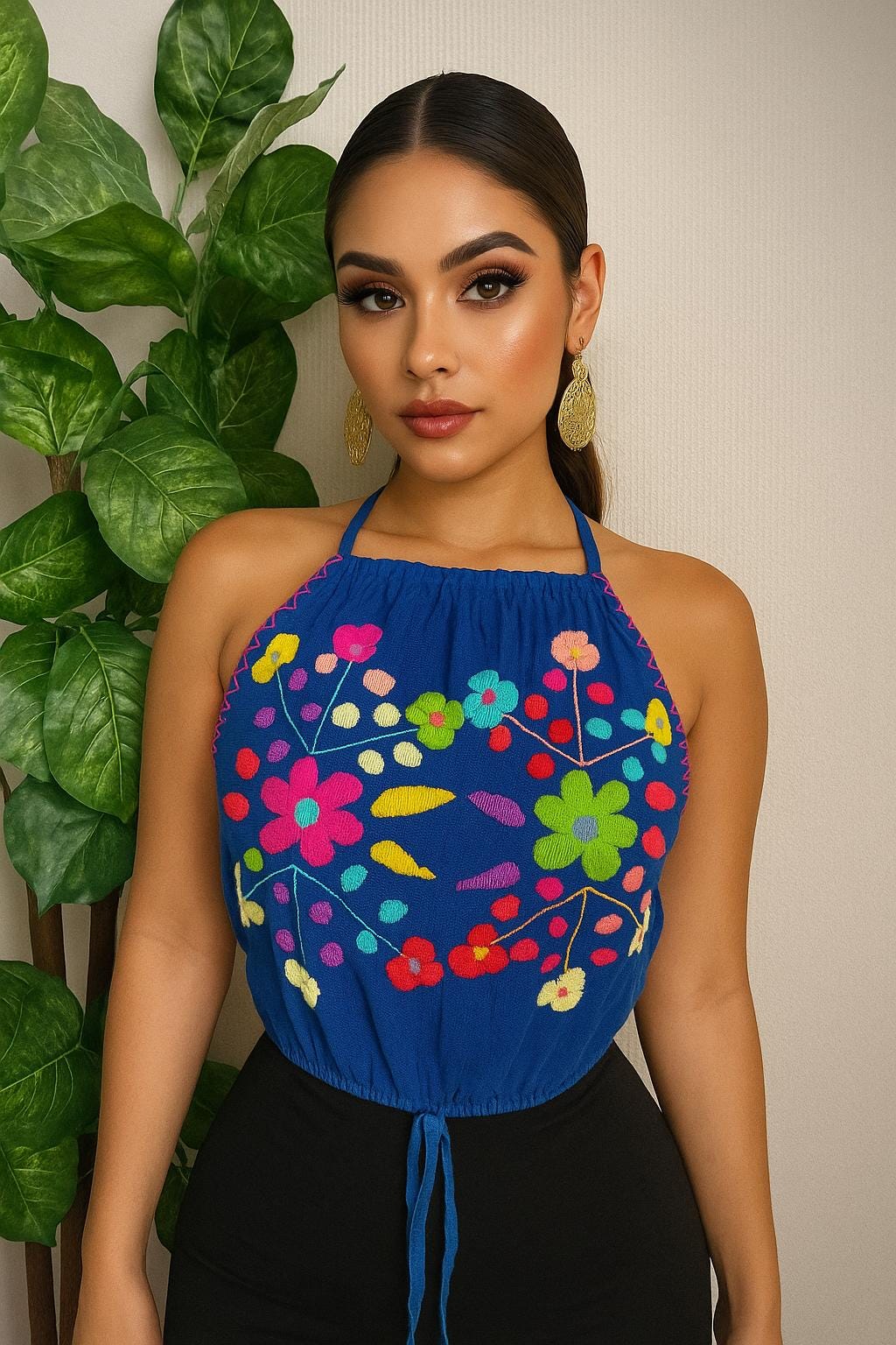 Fresh Look & Beautiful Mexican Floral Halter Blouse - Artisan Made Embroidered Blouses - Floral Halter Blouse