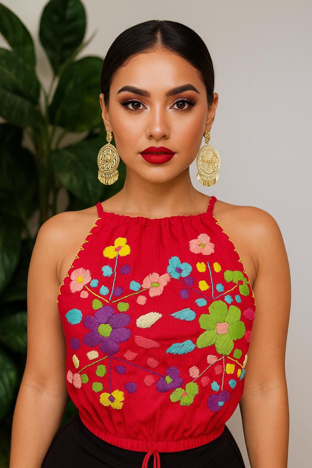 Fresh Look & Beautiful Mexican Floral Halter Blouse - Artisan Made Embroidered Blouses - Floral Halter Blouse