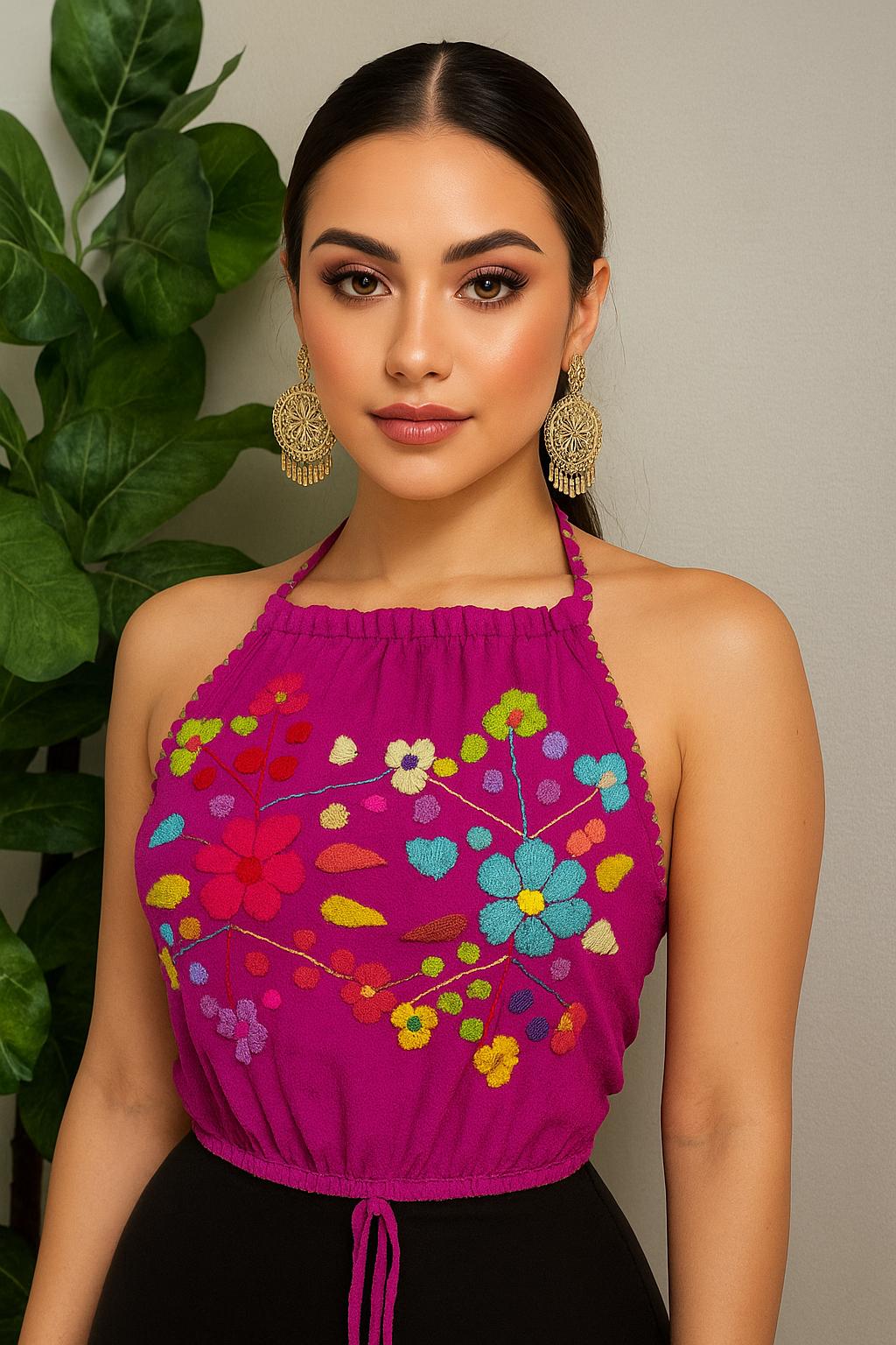 Image of Fresh Look & Beautiful Mexican Floral Halter Blouse - Artisan Made Embroidered Blouses - Floral Halter Blouse