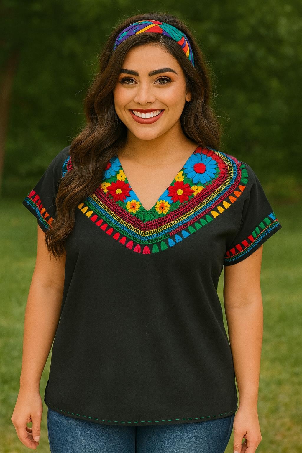 Image of Precious Black Hand Embroidered Rainbow Blouse - Handmade Artisanal Blouse