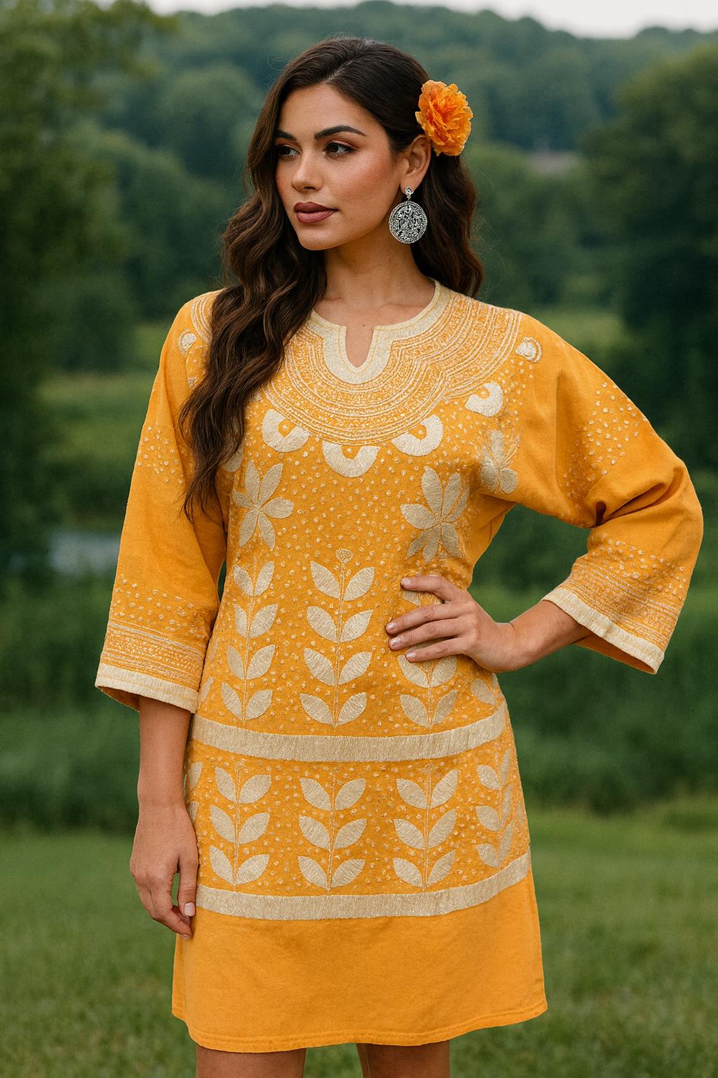 Image of Gorgeous Floral Hand Embroidered Dress - Mexican Embroidered Dress - Floral Designs - M/L