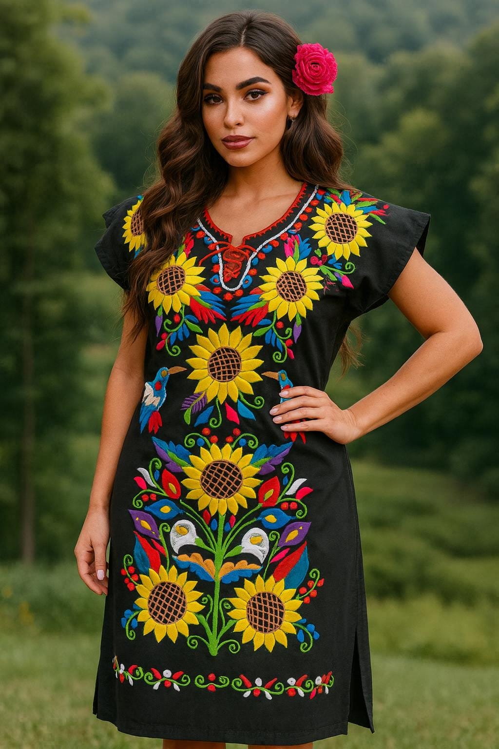 Gorgeous Sunflower Embroidered Dress - Mexican Embroidered Dress - Floral Designs - S