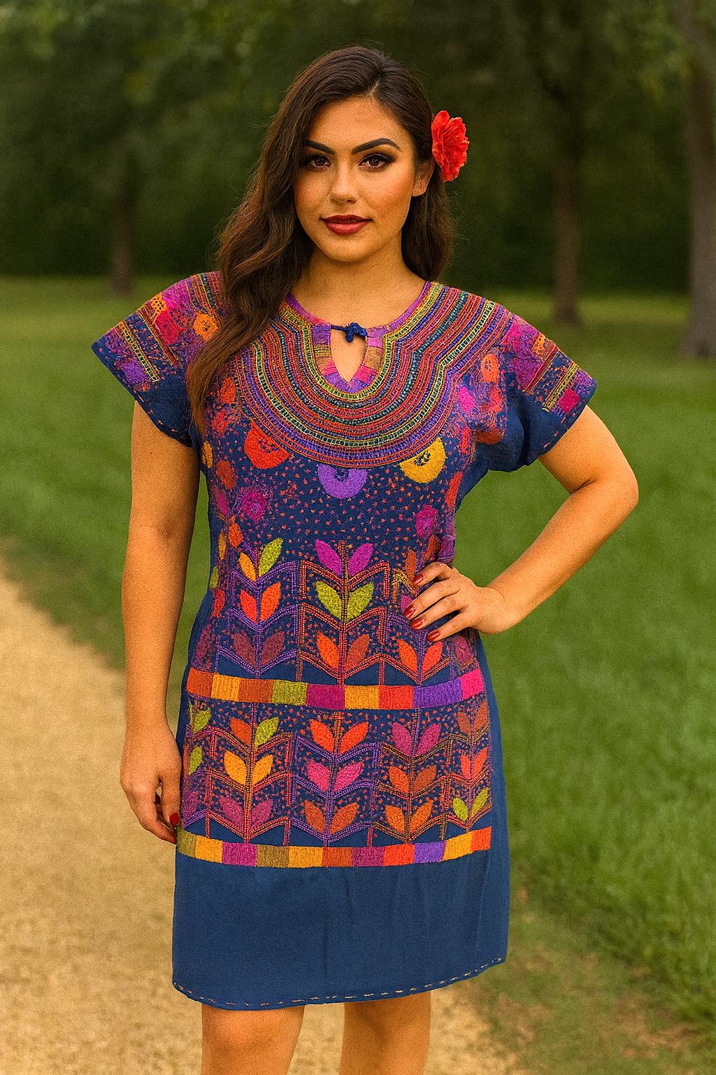 Image of Gorgeous Floral Hand Embroidered Dress - Mexican Embroidered Dress - SHORT SLEEVE - Floral Designs - M/L