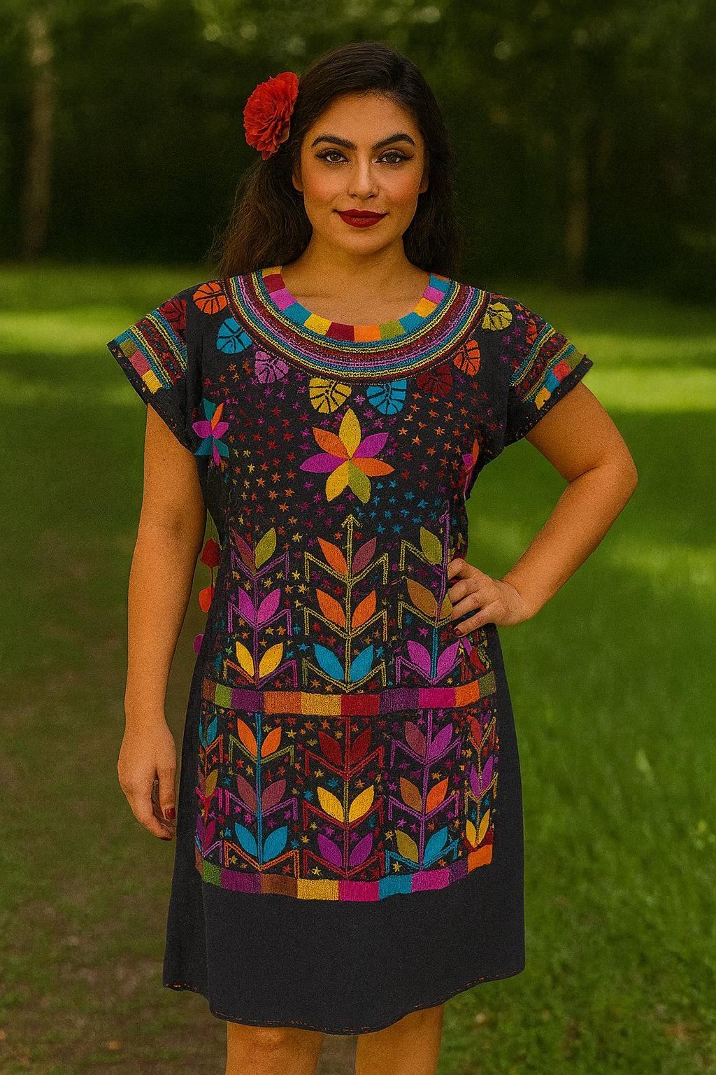 Image of Gorgeous Floral Hand Embroidered Dress - Mexican Embroidered Dress - SHORT SLEEVE - Floral Designs - M/L
