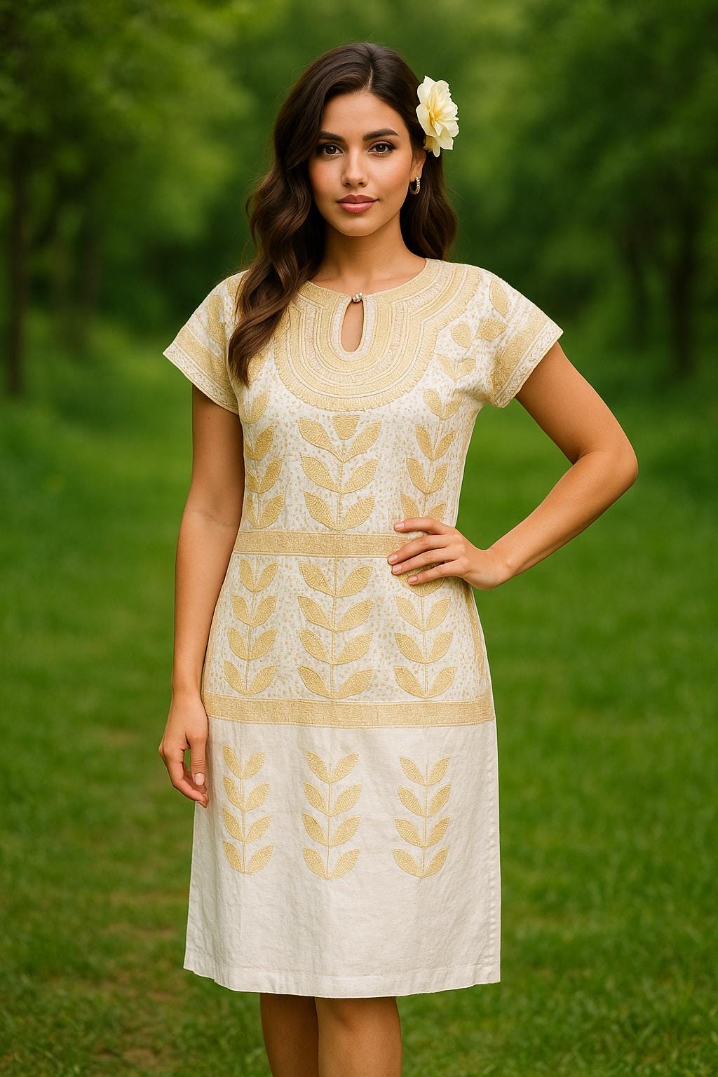 Image of Gorgeous Floral Hand Embroidered Dress - Mexican Embroidered Dress - SHORT SLEEVE - Floral Designs - M/L