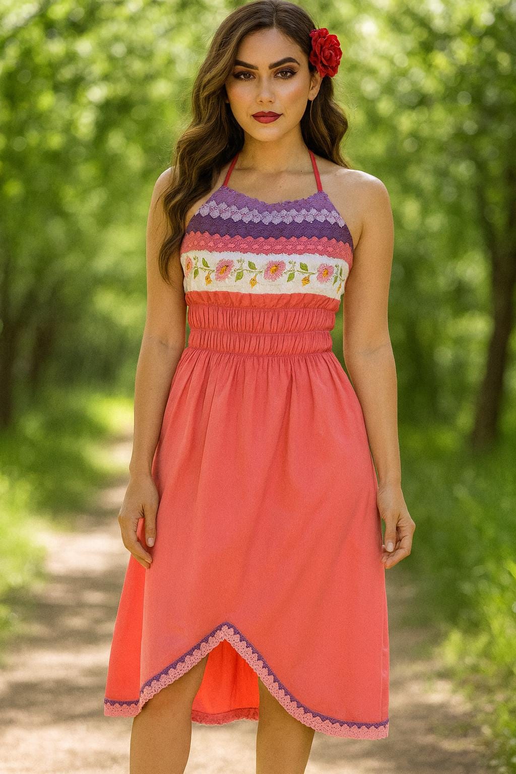 Image of Cute Artisanal Halter Dress - Handmade Coral Dress