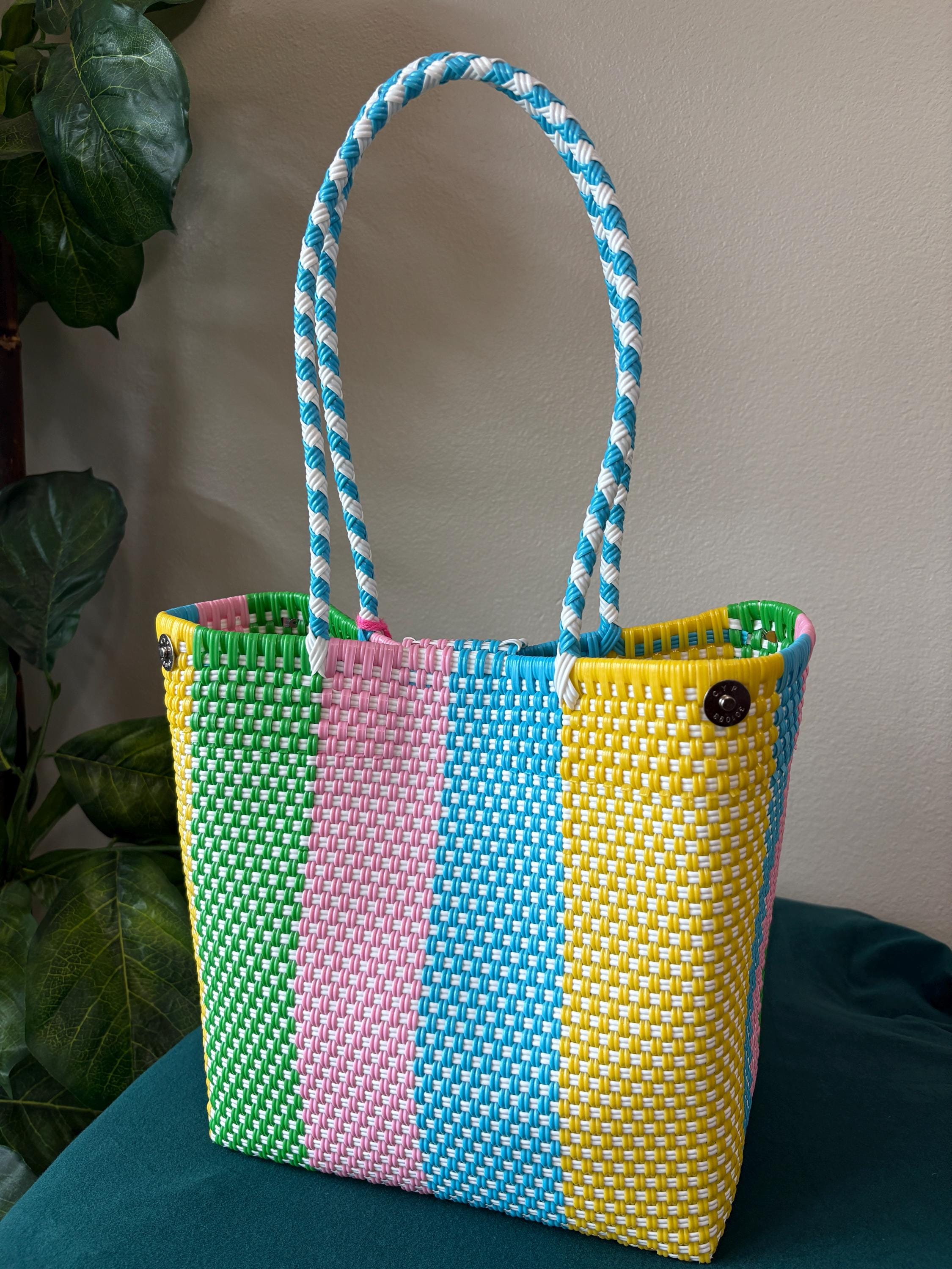 Image of Handwoven Pastel Shoulder Bag: Boho Market Tote with Pompom