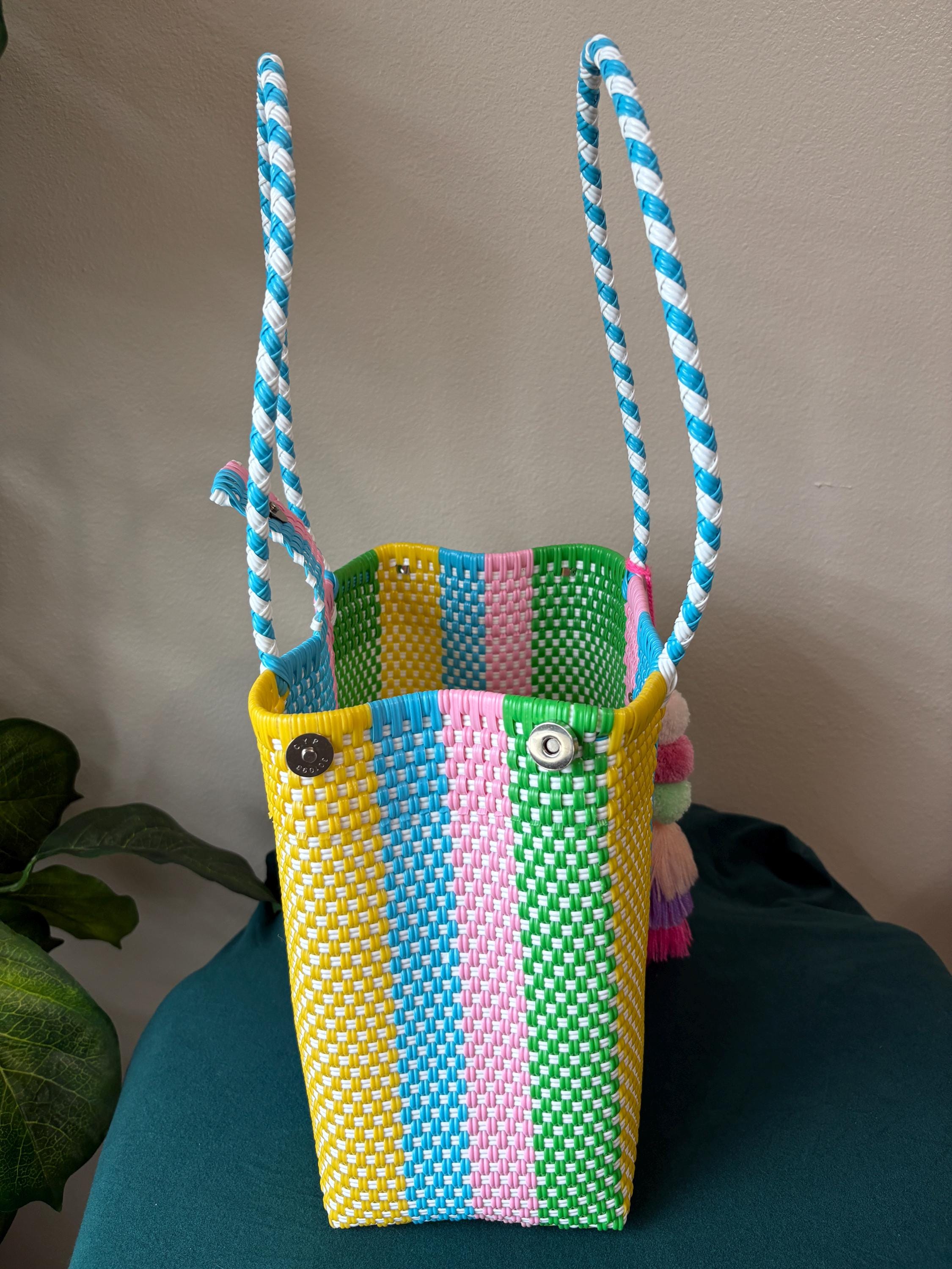 Image of Handwoven Pastel Shoulder Bag: Boho Market Tote with Pompom