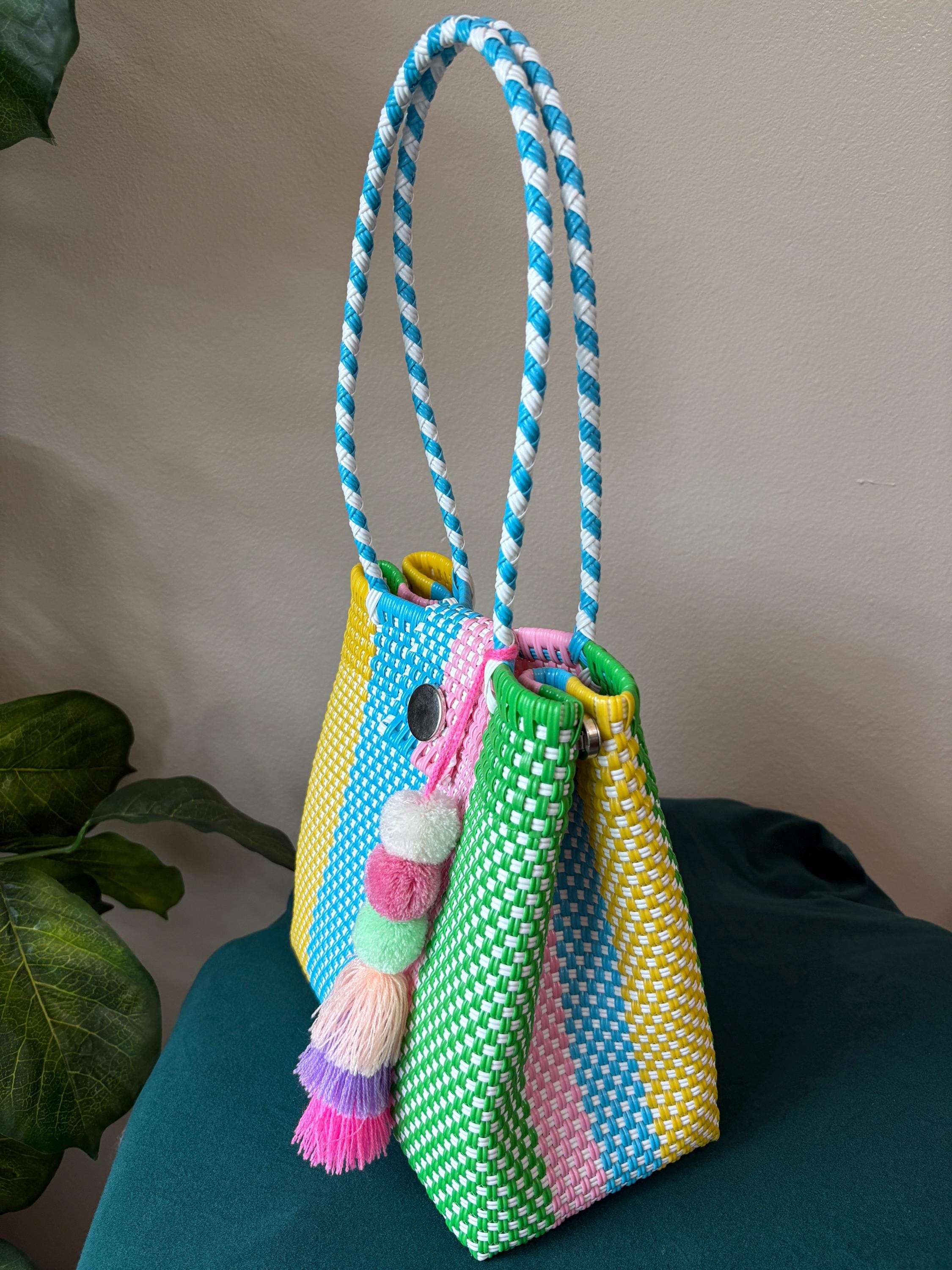 Image of Handwoven Pastel Shoulder Bag: Boho Market Tote with Pompom