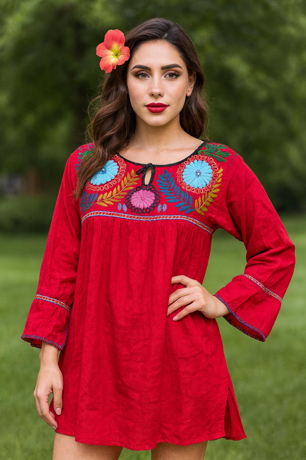 Image of Beautiful Brown Gauze Blouse – Handmade Mexican Top with Colorful Embroidered Flowers
