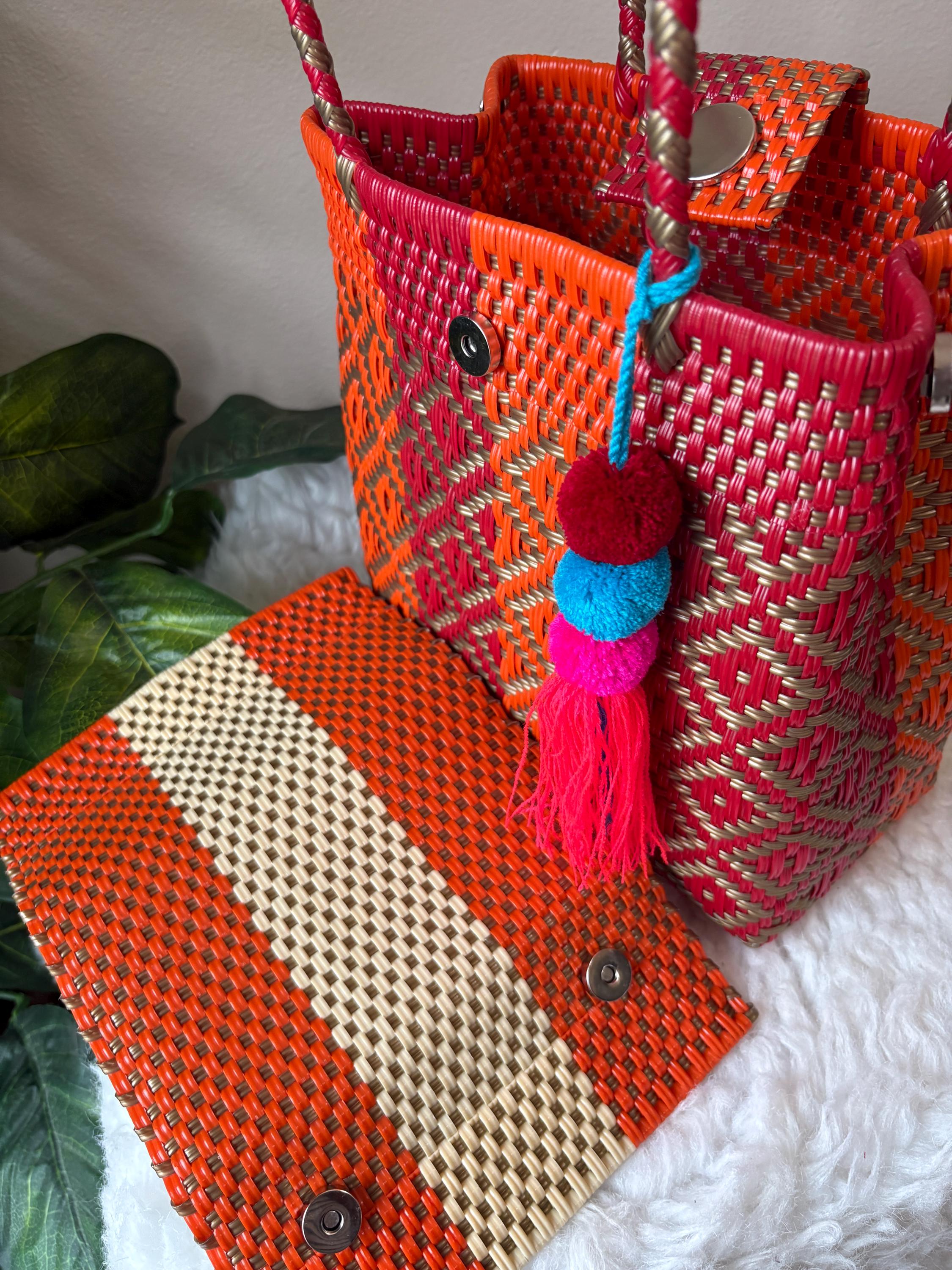 Image of Handwoven Terra Cotta Shoulder Bag: Boho Market Tote with Pompom