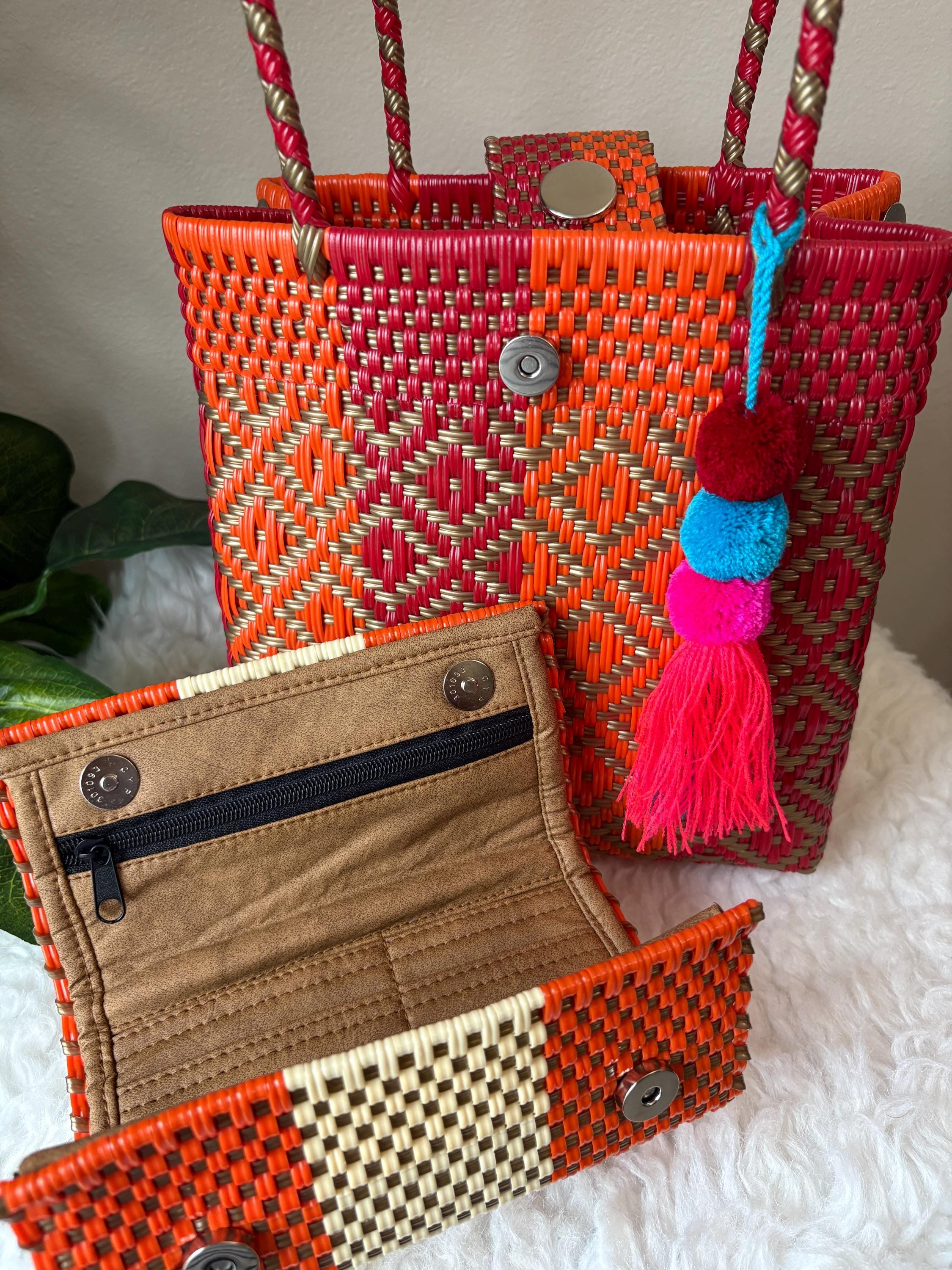 Image of Handwoven Terra Cotta Shoulder Bag: Boho Market Tote with Pompom