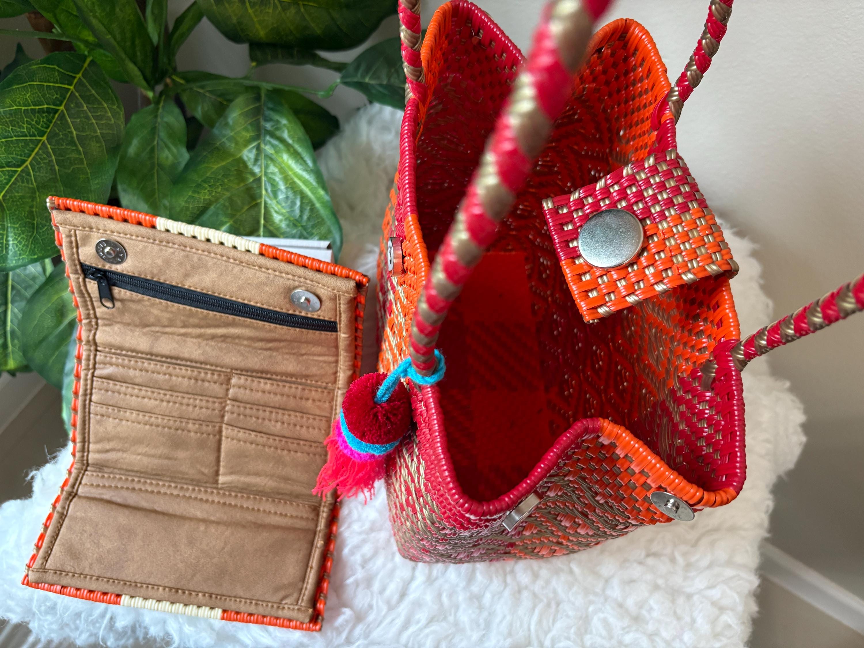 Handwoven Terra Cotta Shoulder Bag: Boho Market Tote with Pompom