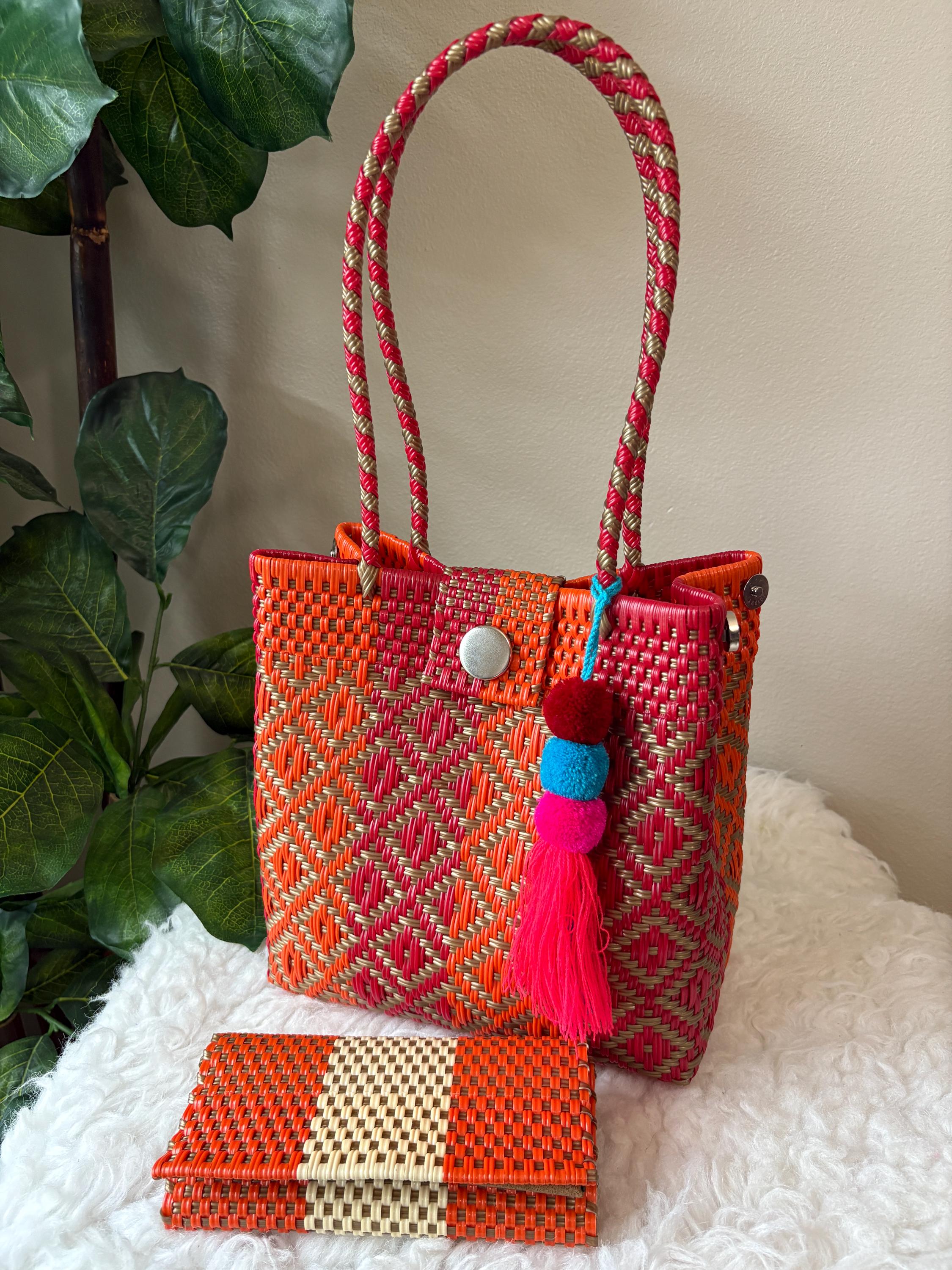 Handwoven Terra Cotta Shoulder Bag: Boho Market Tote with Pompom