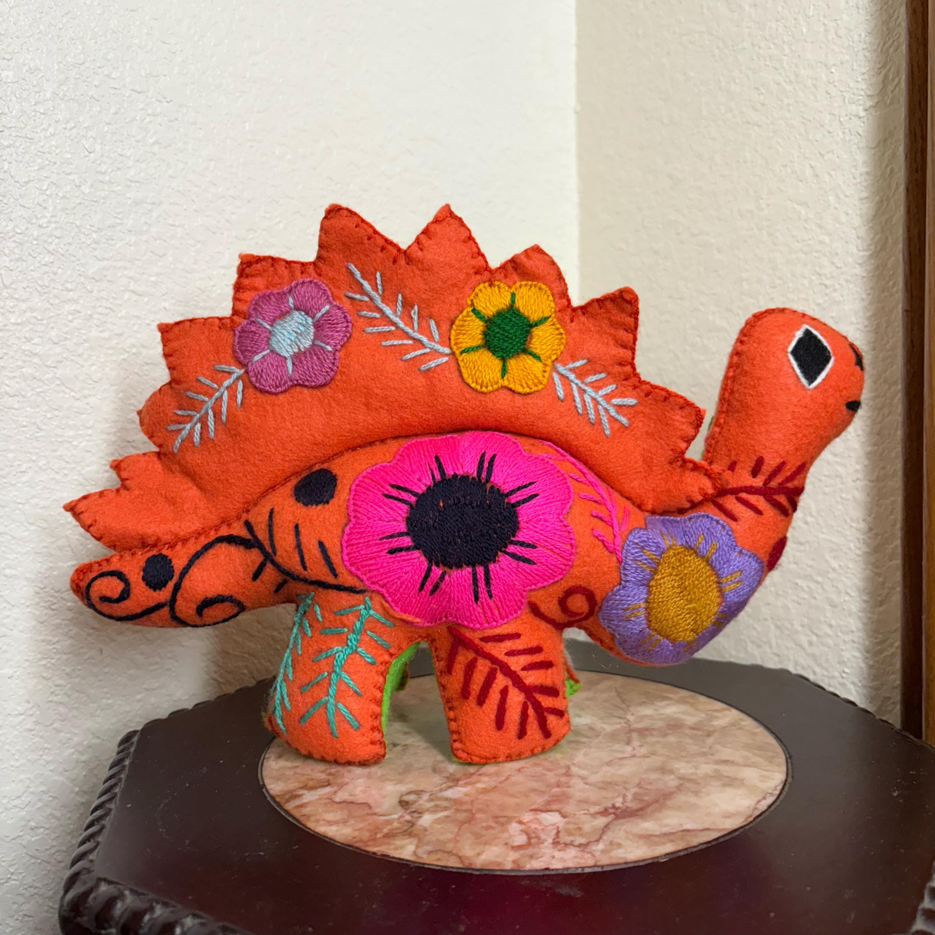 Hand Embroidered Stuffed Dinosaur: Artisanal Felt Dino Toy/Decor