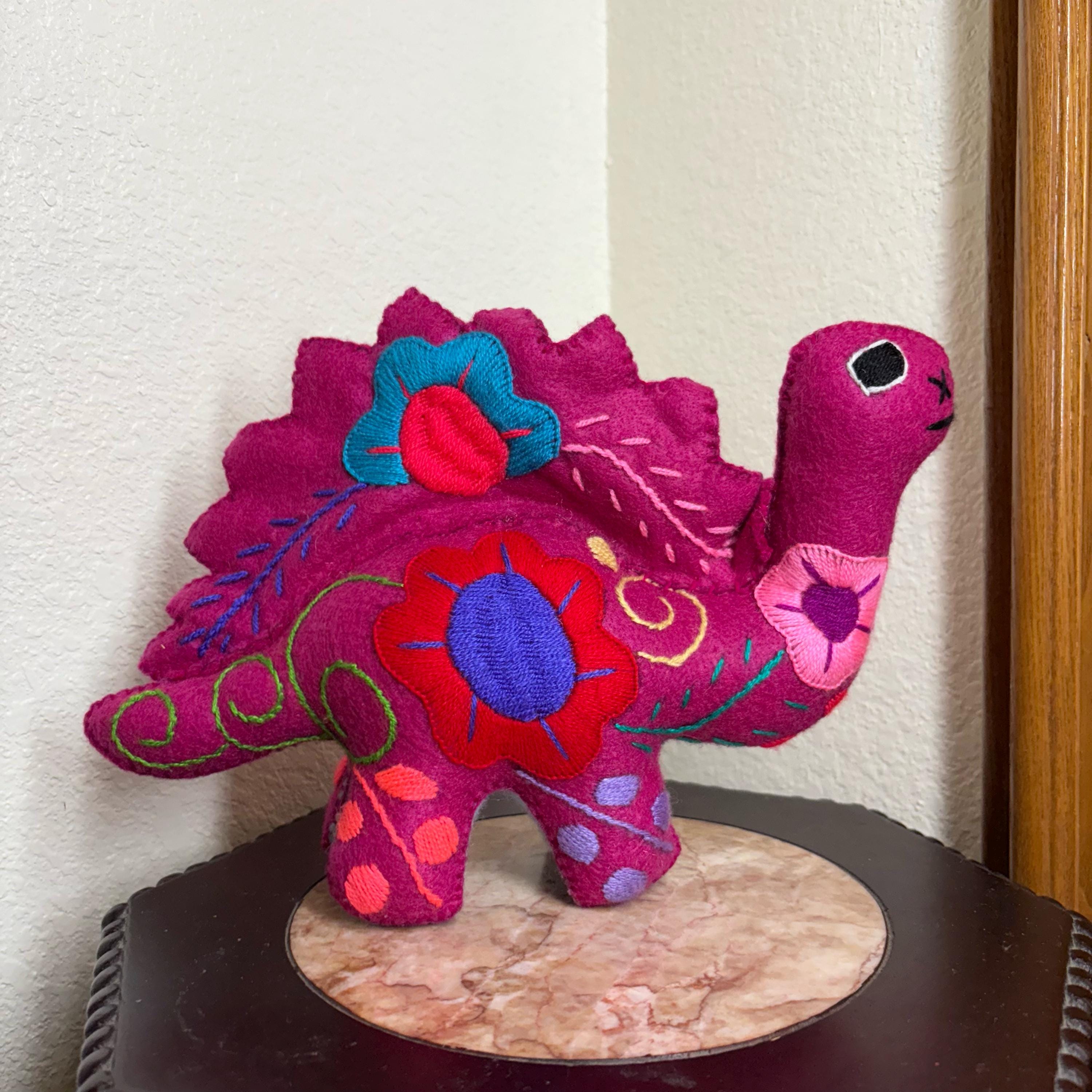 Hand Embroidered Stuffed Dinosaur: Artisanal Felt Dino Toy/Decor
