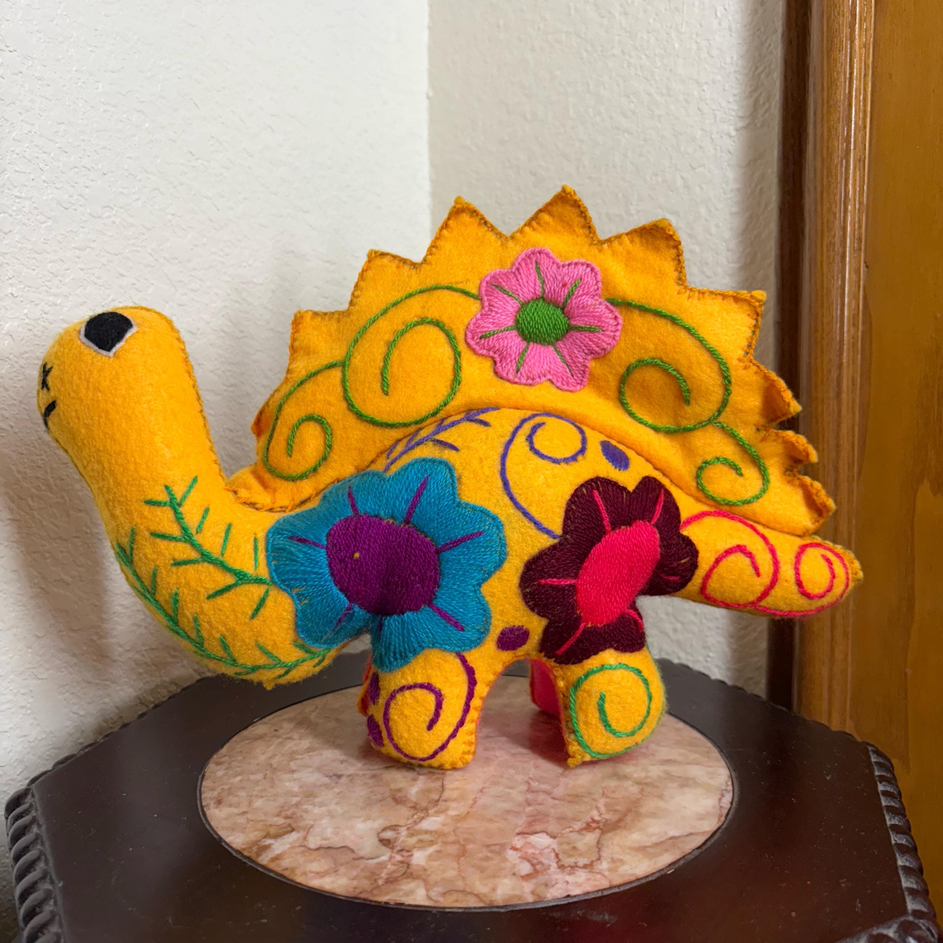 Hand Embroidered Stuffed Dinosaur: Artisanal Felt Dino Toy/Decor