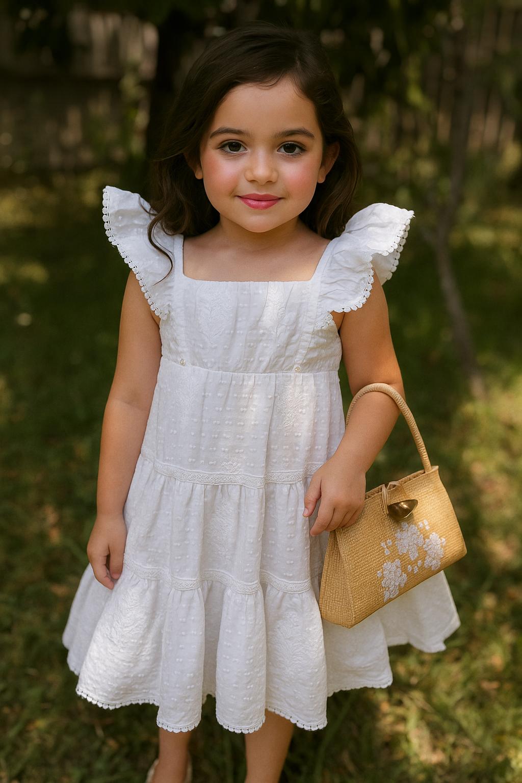 Image of Beautiful White Summer Girls Dress with Embroidered Faux Leather Bag
