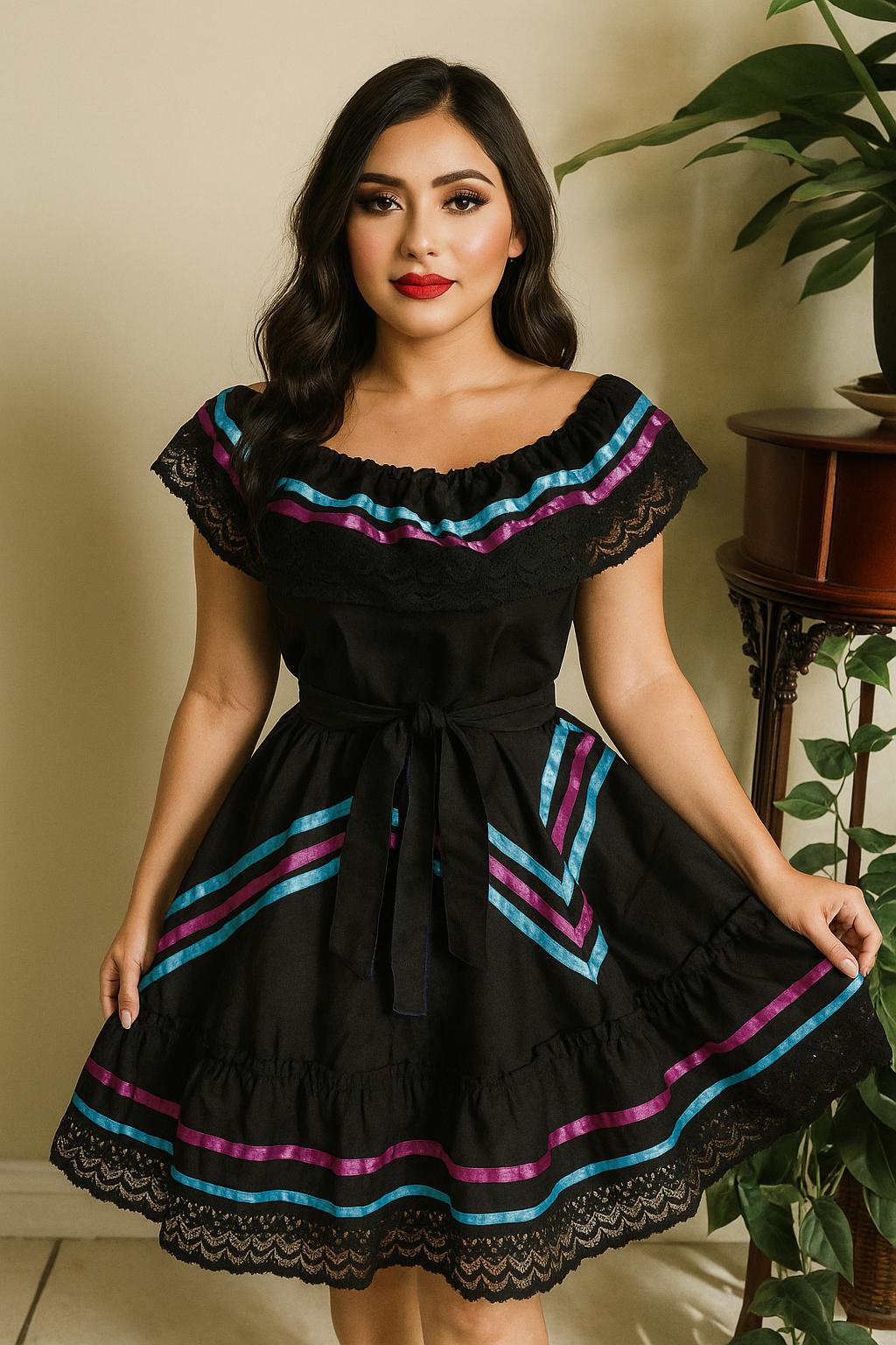 Image of Gorgeous Black “Estrella” Jalisco Dress – Short Style with Satin Star Design