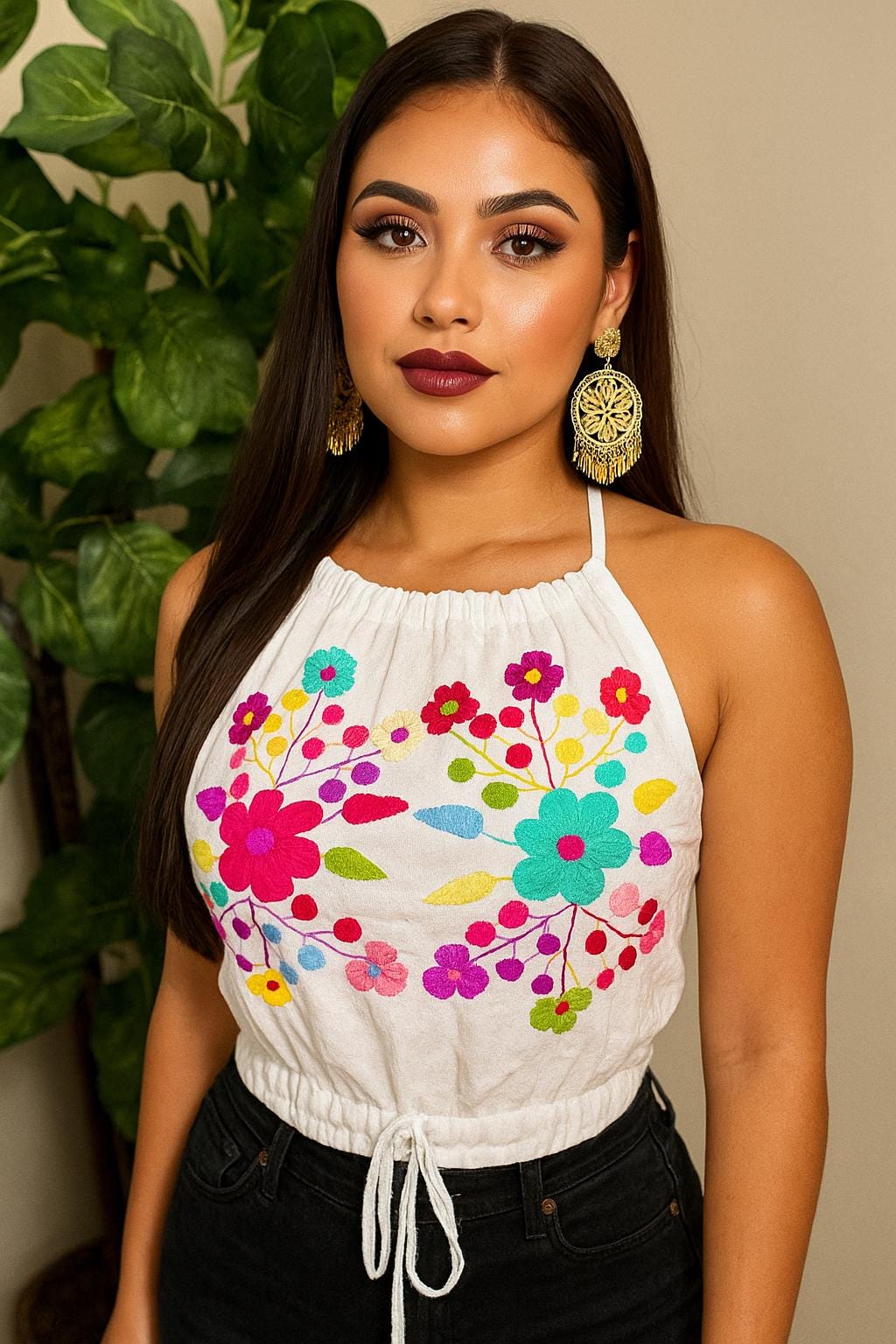Image of Fresh Look & Beautiful Mexican Floral Halter Blouse - Artisan Made Embroidered Blouses - Floral Halter Blouse
