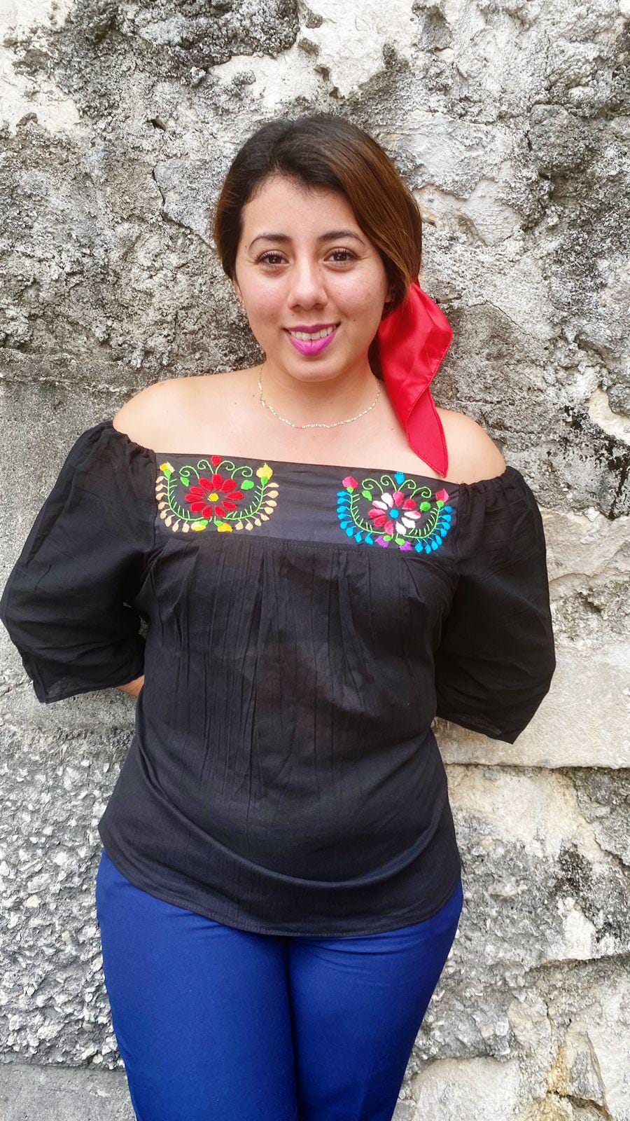 Off The Shoulder Embroidered Loose Fit Gauze Blouse