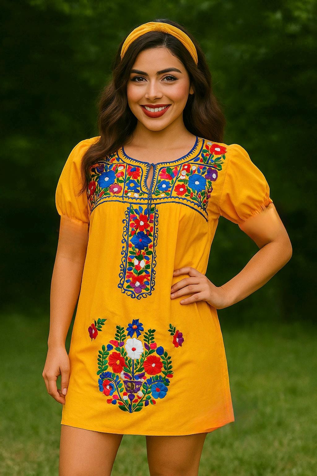 Image of Mexican Floral Embroidered Thigh Length Blouse - Handmade Artisanal Blouse