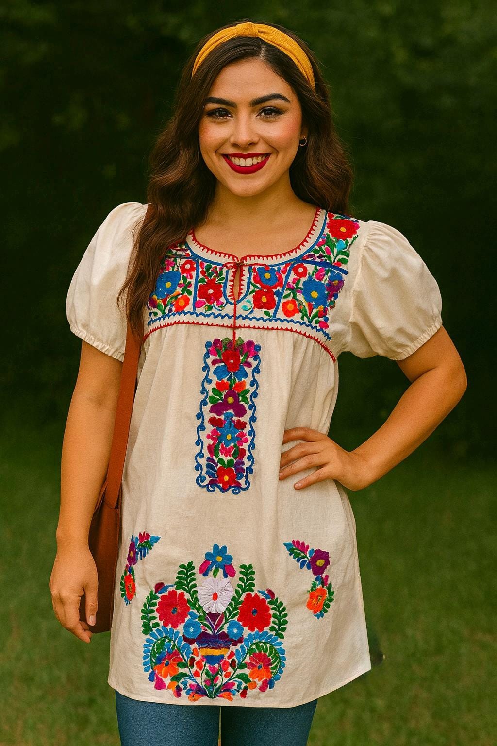 Image of Mexican Floral Embroidered Thigh Length Blouse - Handmade Artisanal Blouse
