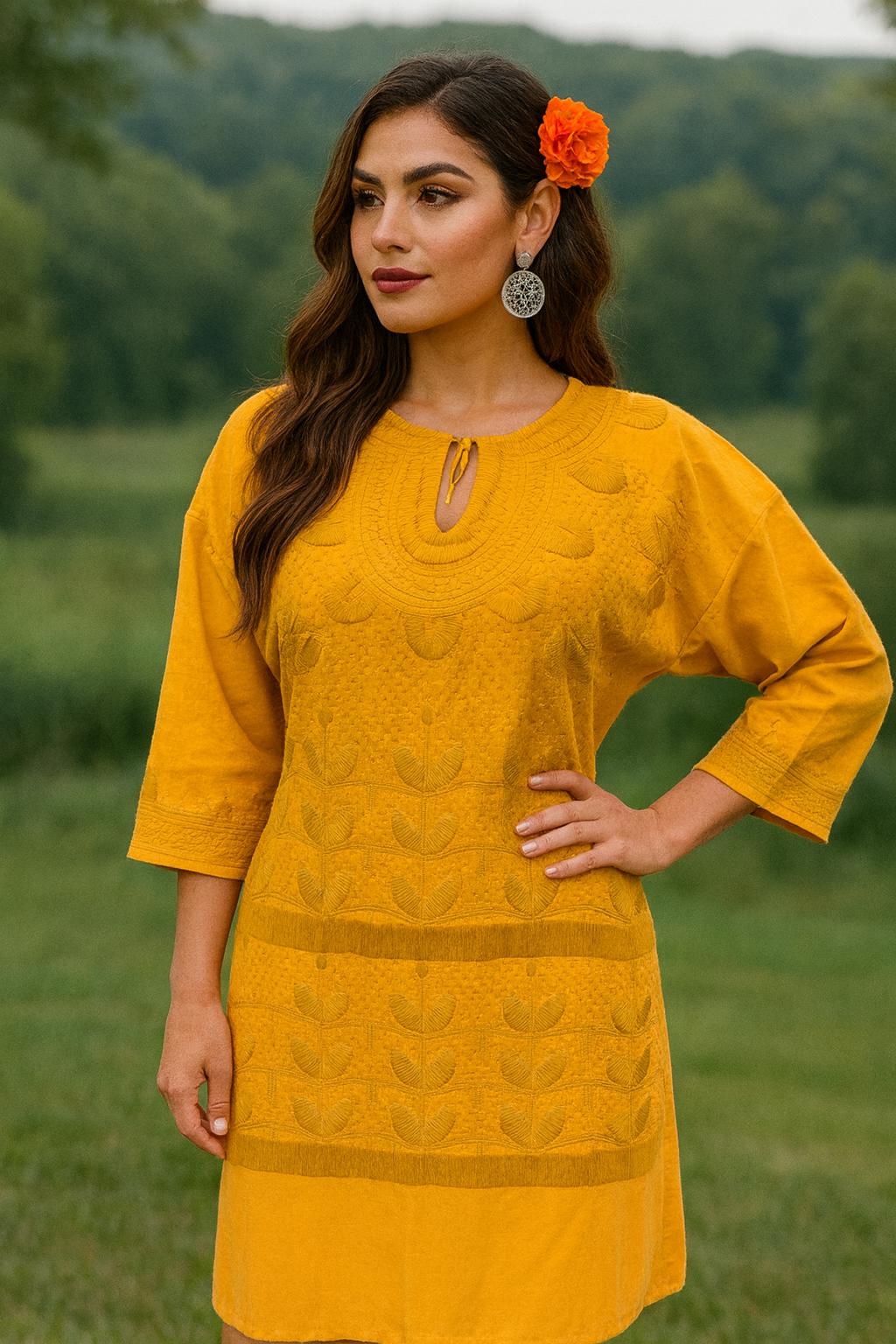 Image of Gorgeous Floral Hand Embroidered Dress - Mexican Embroidered Dress - Floral Designs - M/L