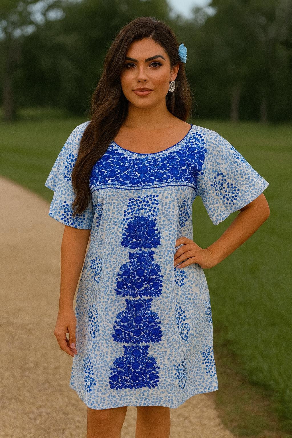 Beautiful Floral Embroidered Loose Fit Dress - Handmade Blue Embroidered Mexican Dress - Artisan Made Dress