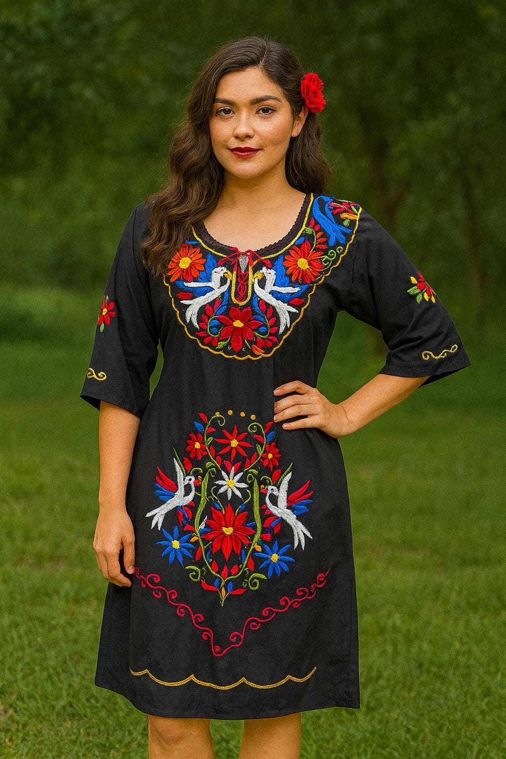Image of Gorgeous Hand Embroidered Dress - Mexican Embroidered Dress - Floral Designs - LARGE