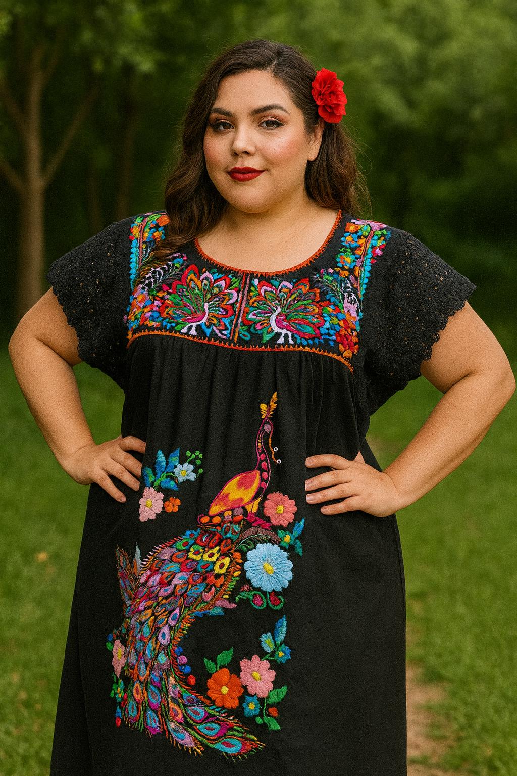 Puebla, Mexican Hand Embroidered Dress - Traditional Dress in MEDIUM size