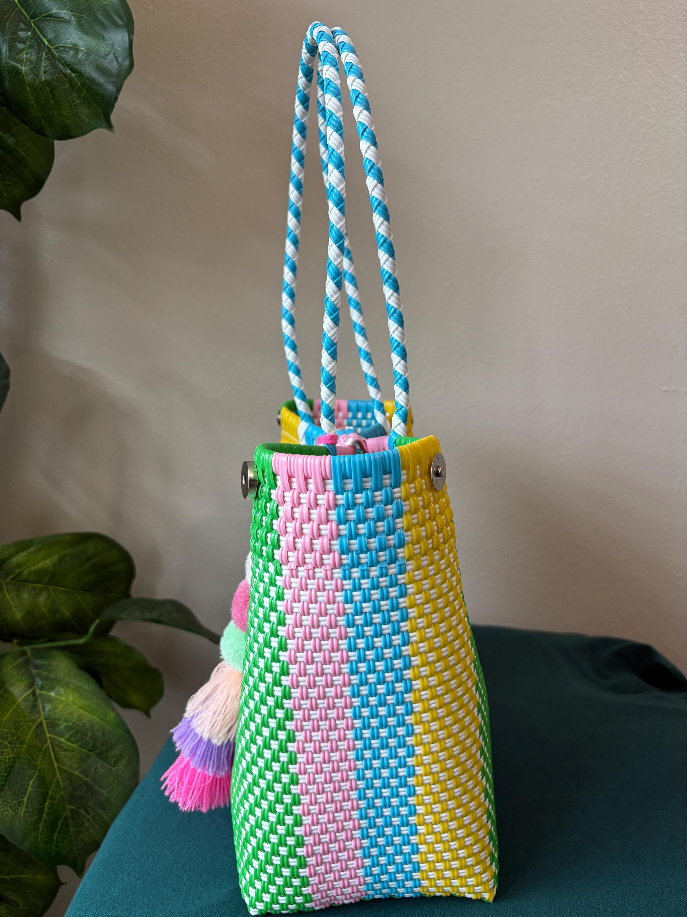 Handwoven Pastel Shoulder Bag: Boho Market Tote with Pompom
