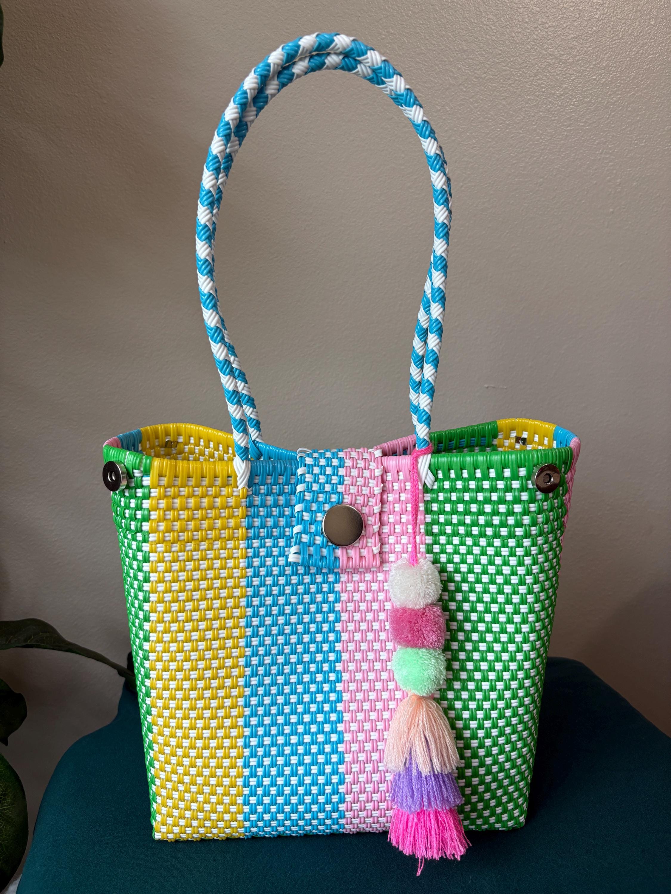 Handwoven Pastel Shoulder Bag: Boho Market Tote with Pompom