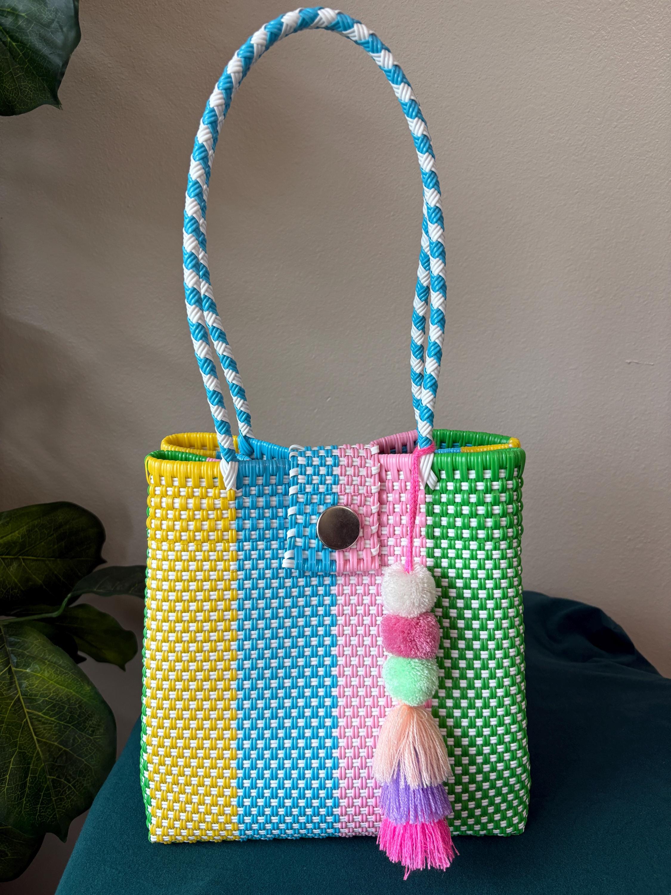 Handwoven Pastel Shoulder Bag: Boho Market Tote with Pompom