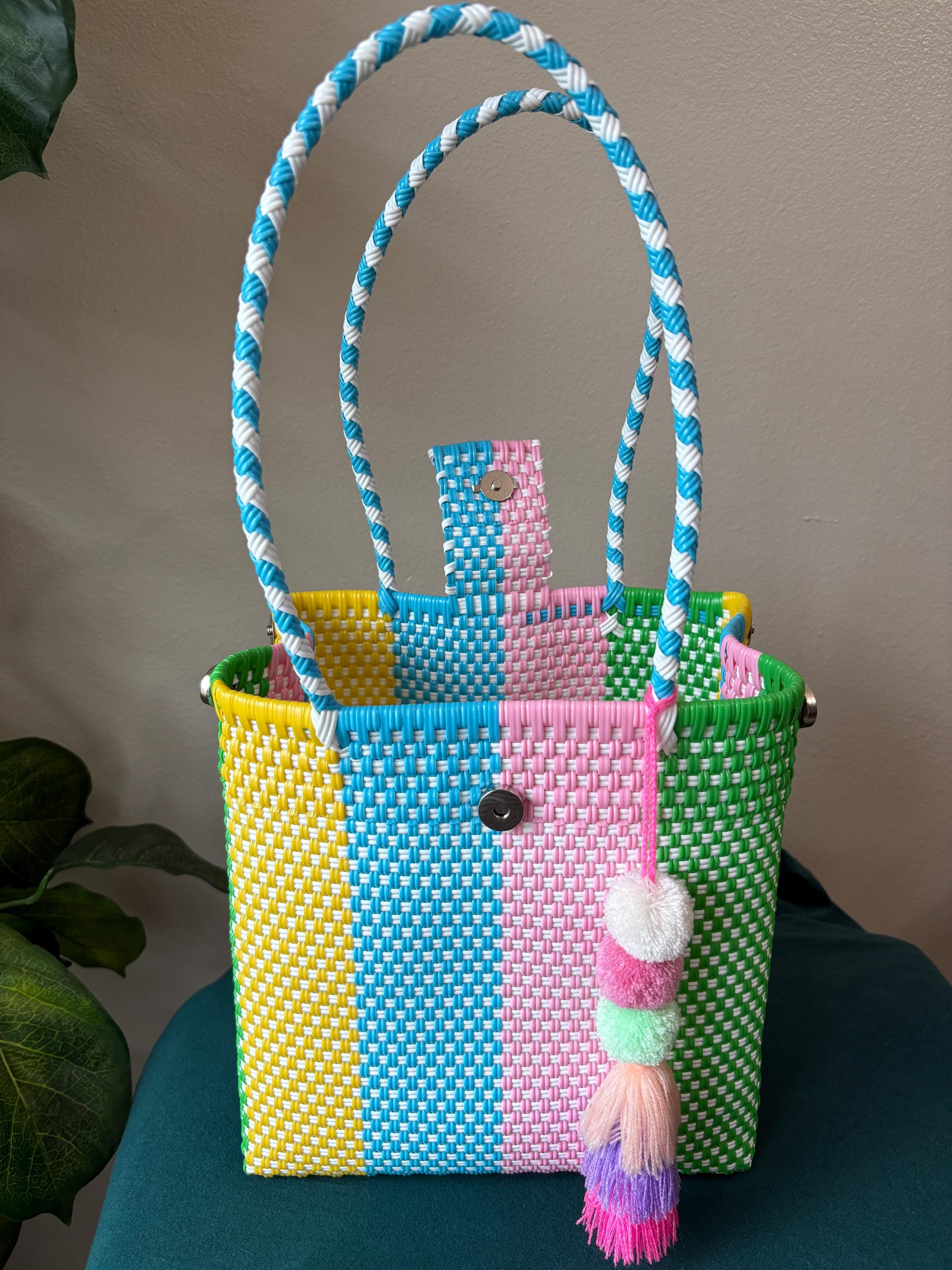 Handwoven Pastel Shoulder Bag: Boho Market Tote with Pompom