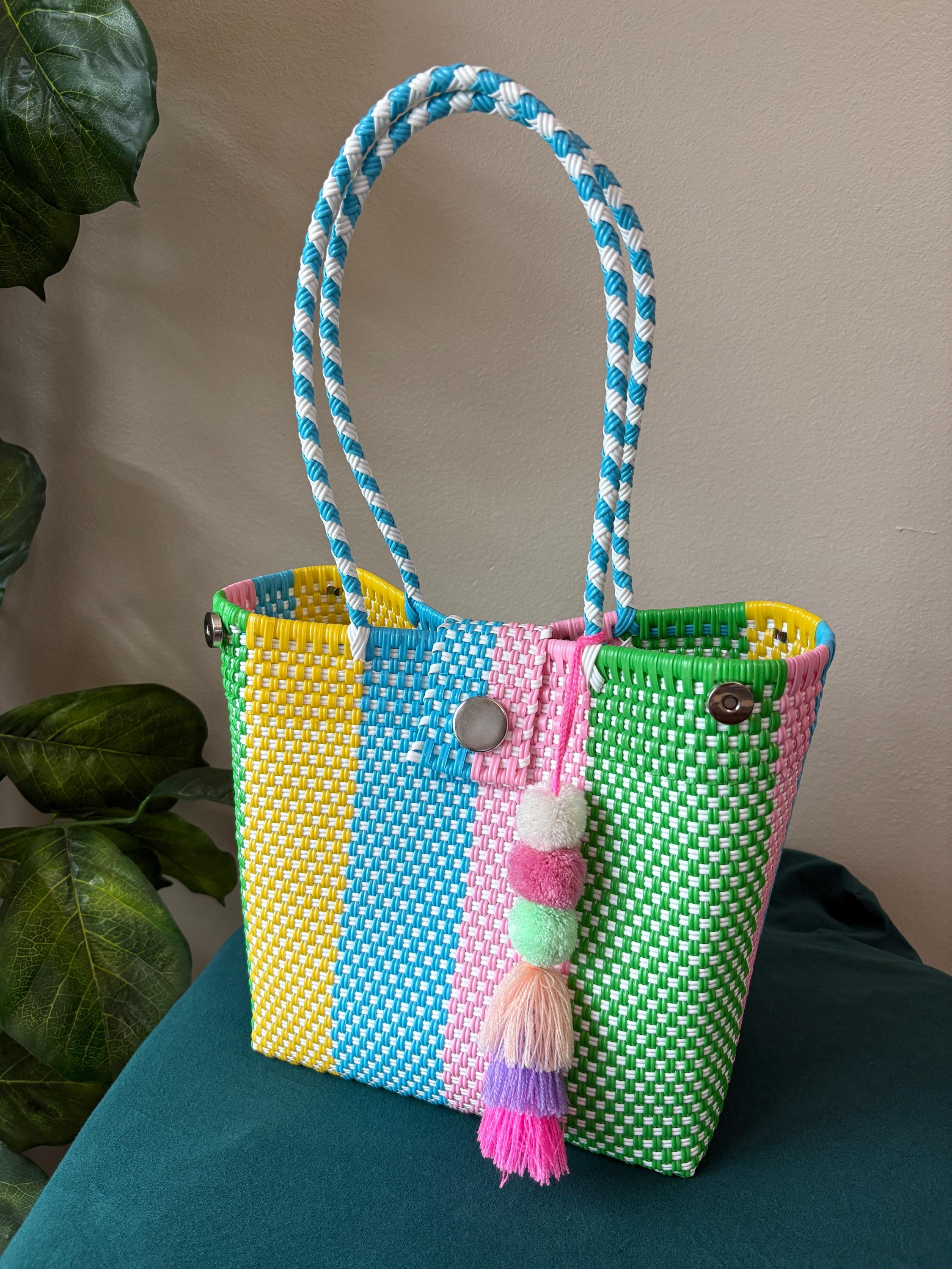 Handwoven Pastel Shoulder Bag: Boho Market Tote with Pompom