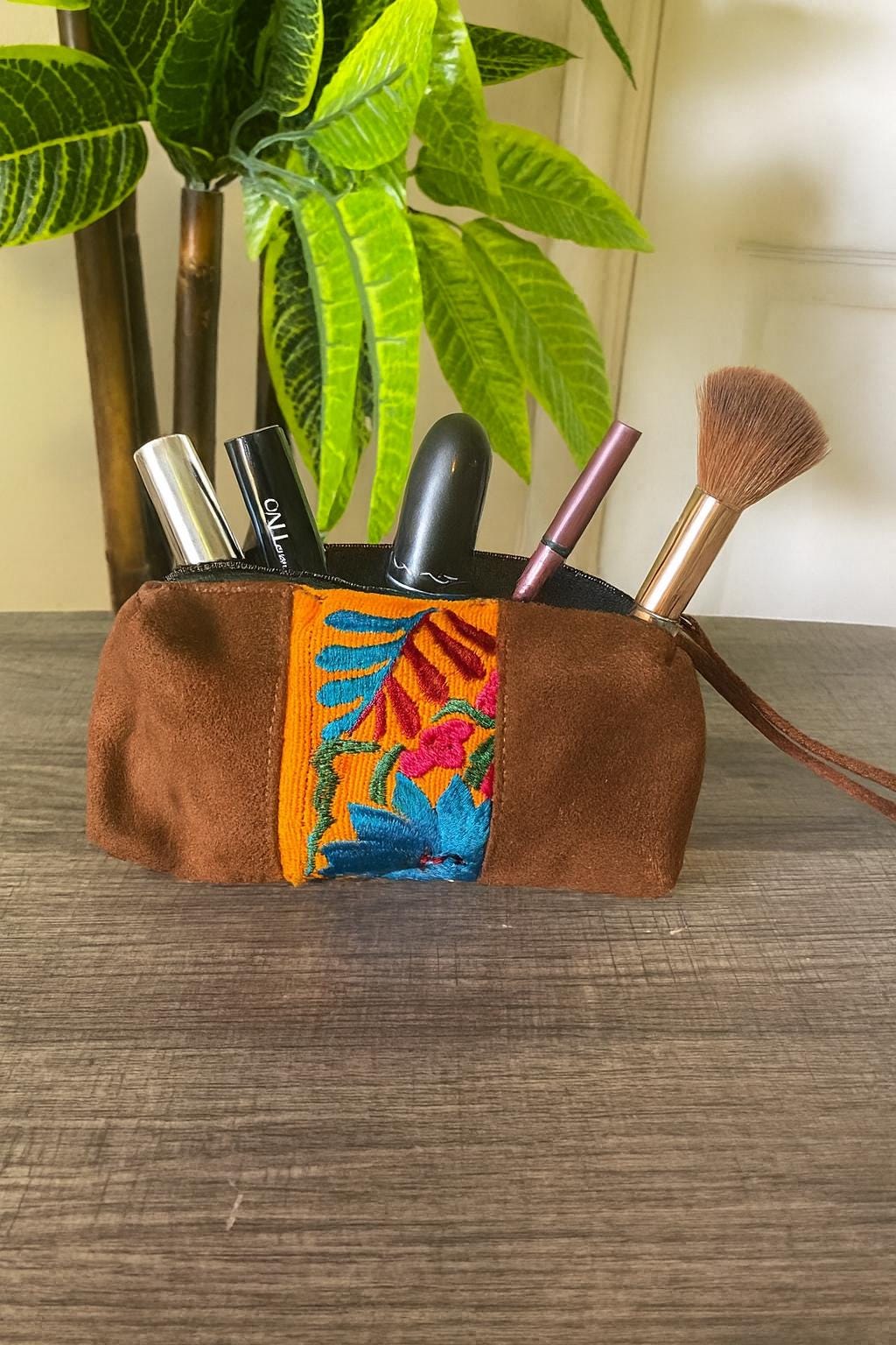 Image of Handmade Embroidered Coin & Makeup Bag – Suede and Cotton Artisanal Pouch from Chiapas, Mexico – Unique Boho Gift