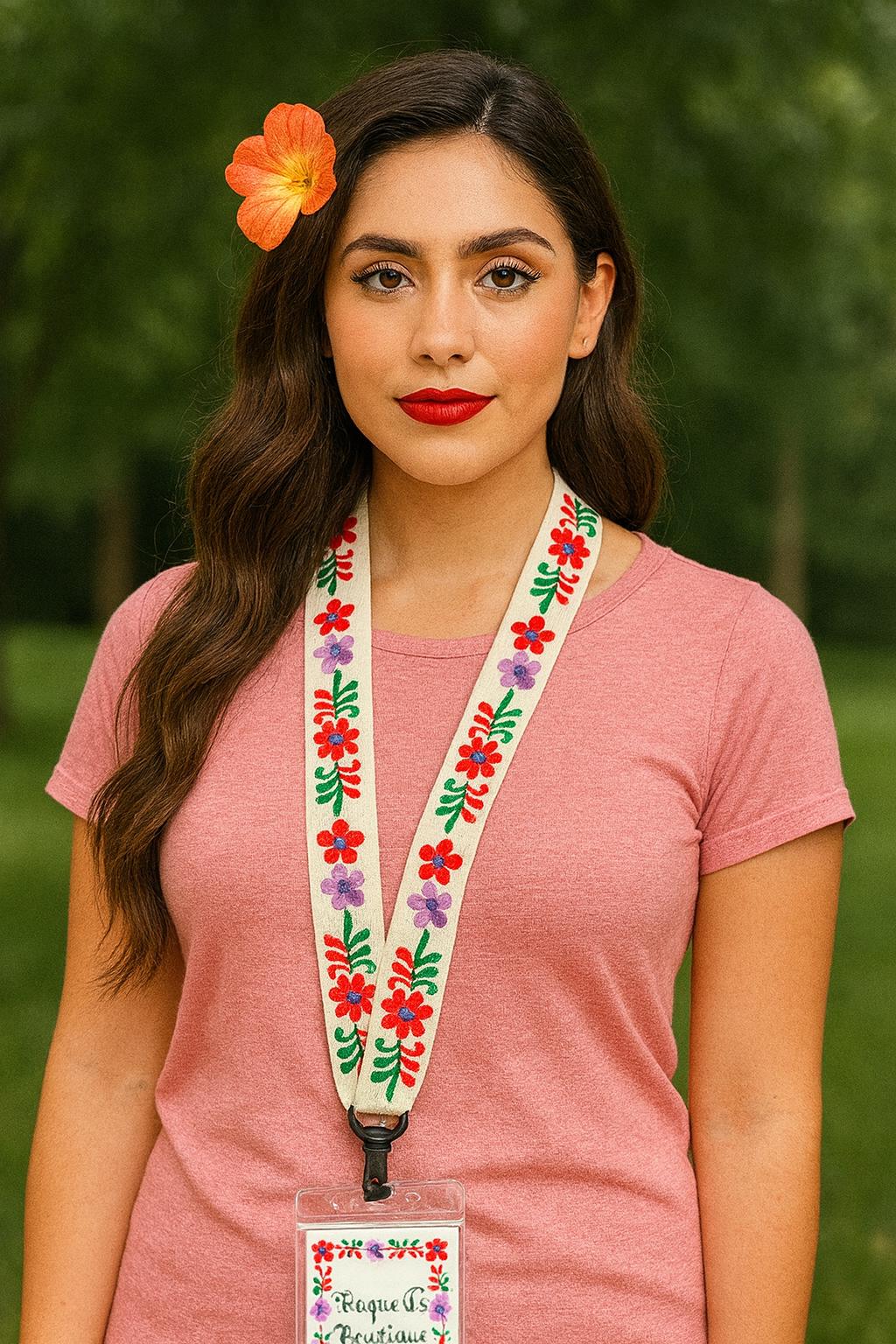 Two tone Floral Embroidered Clip Lanyard Key/ID Holder - Clip Lanyard Key/ID Holder - Artisanal made