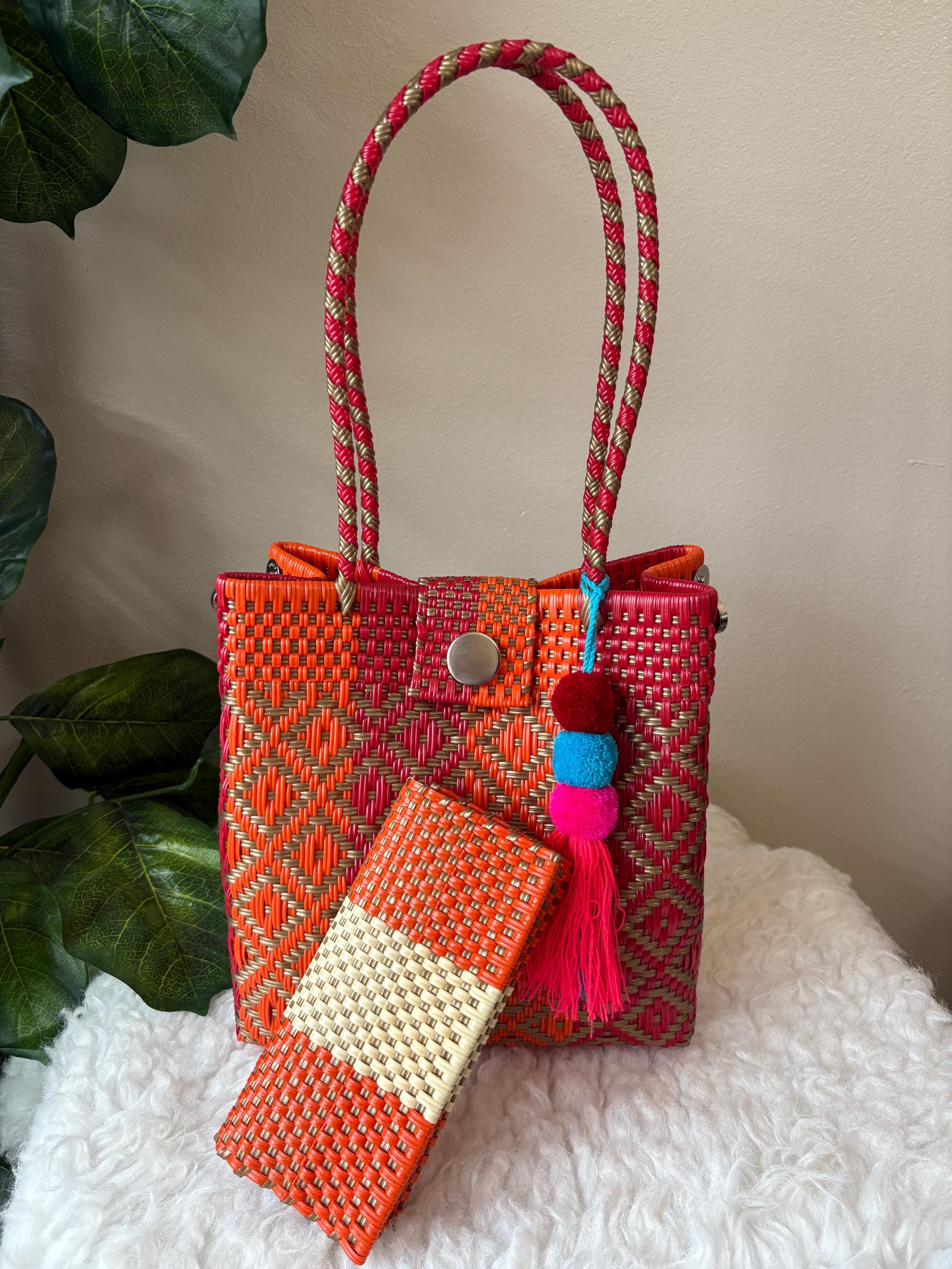 Handwoven Terra Cotta Shoulder Bag: Boho Market Tote with Pompom