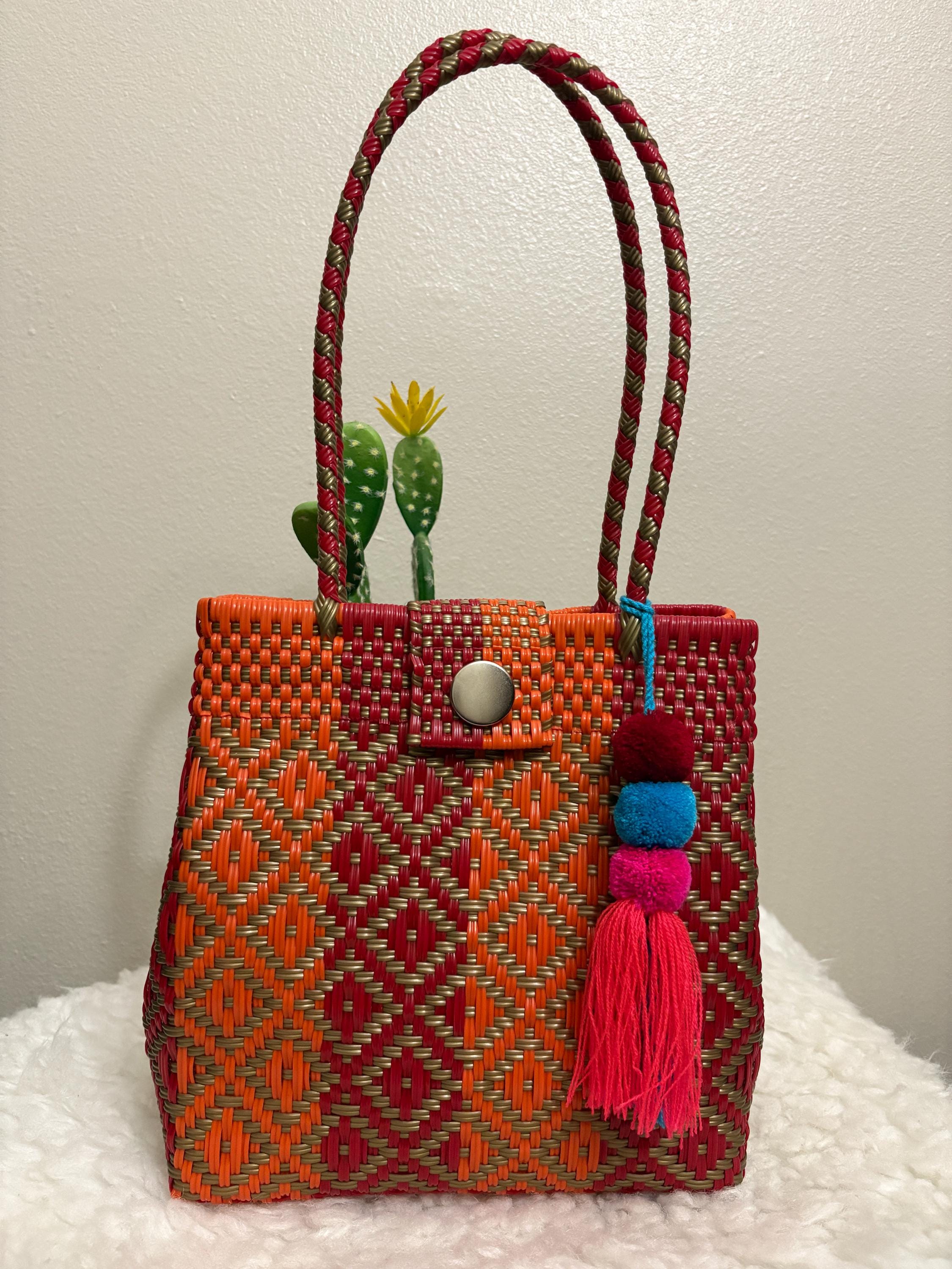 Handwoven Terra Cotta Shoulder Bag: Boho Market Tote with Pompom