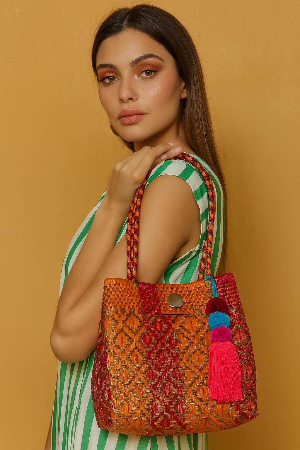 Handwoven Terra Cotta Shoulder Bag: Boho Market Tote with Pompom
