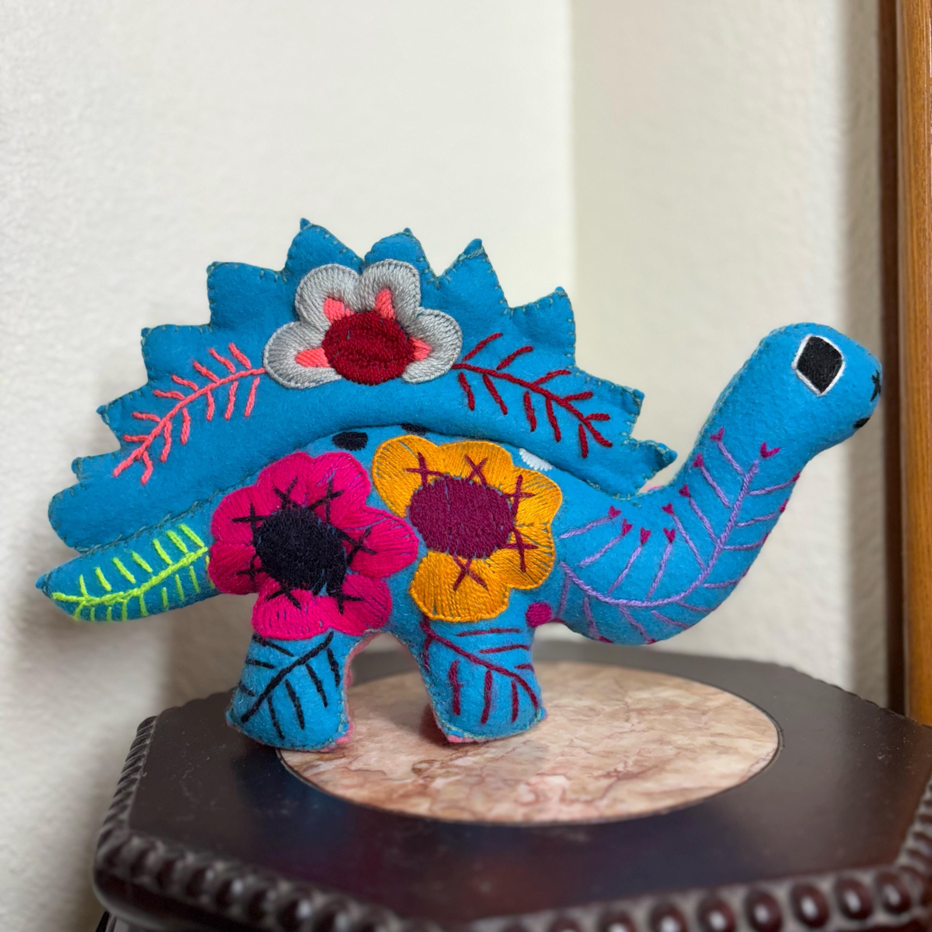 Image of Hand Embroidered Stuffed Dinosaur: Artisanal Felt Dino Toy/Decor