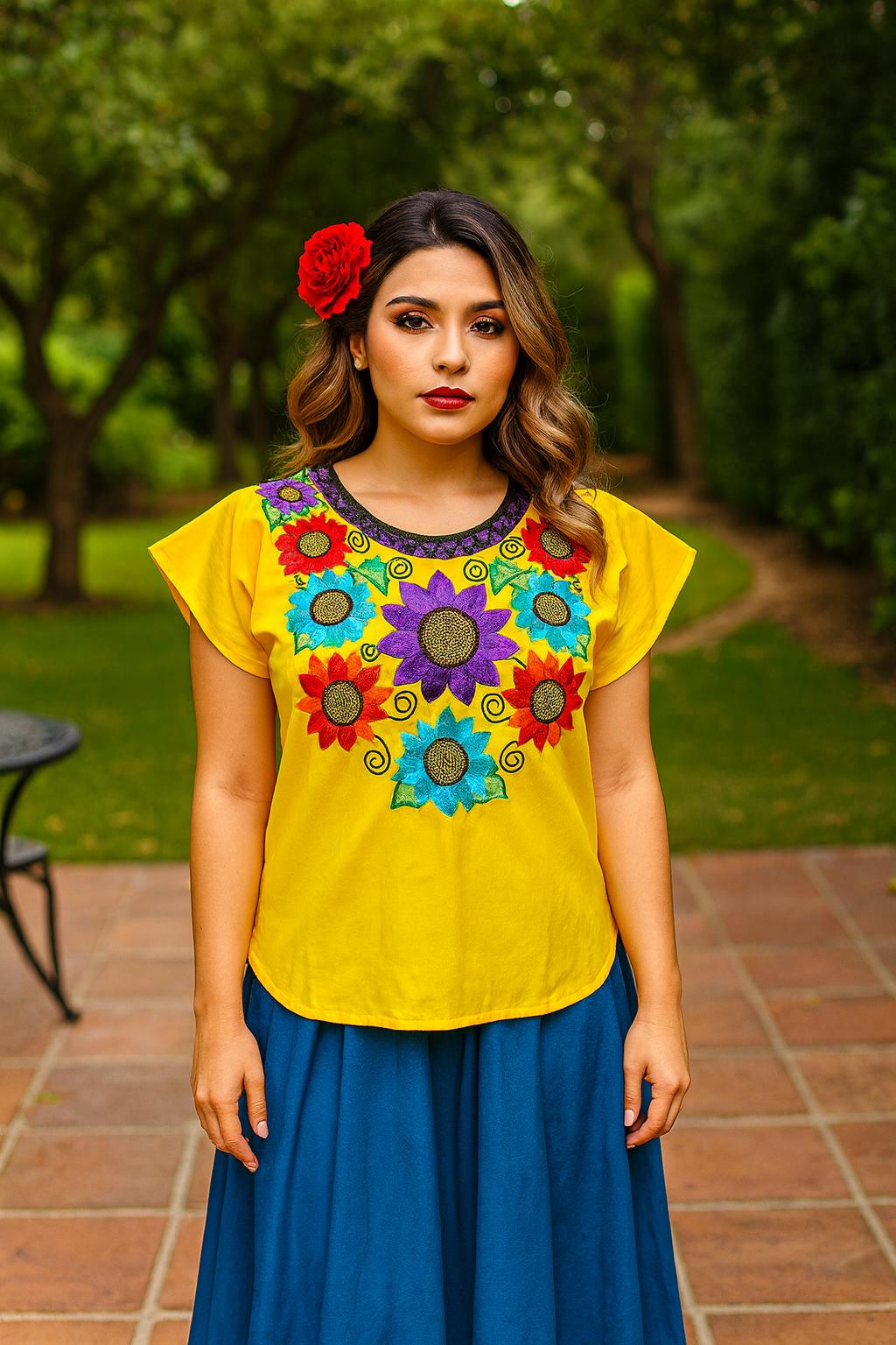 Image of Beautiful Handmade Cotton Huipil / Blouse - Mexican Embroidered Blouse - Artisan Made Blouse