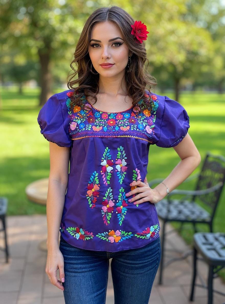 Image of Beautiful Artisanal Extra Embroidered Mexican Blouse, Great look, fresh and light weight in SMALL size
