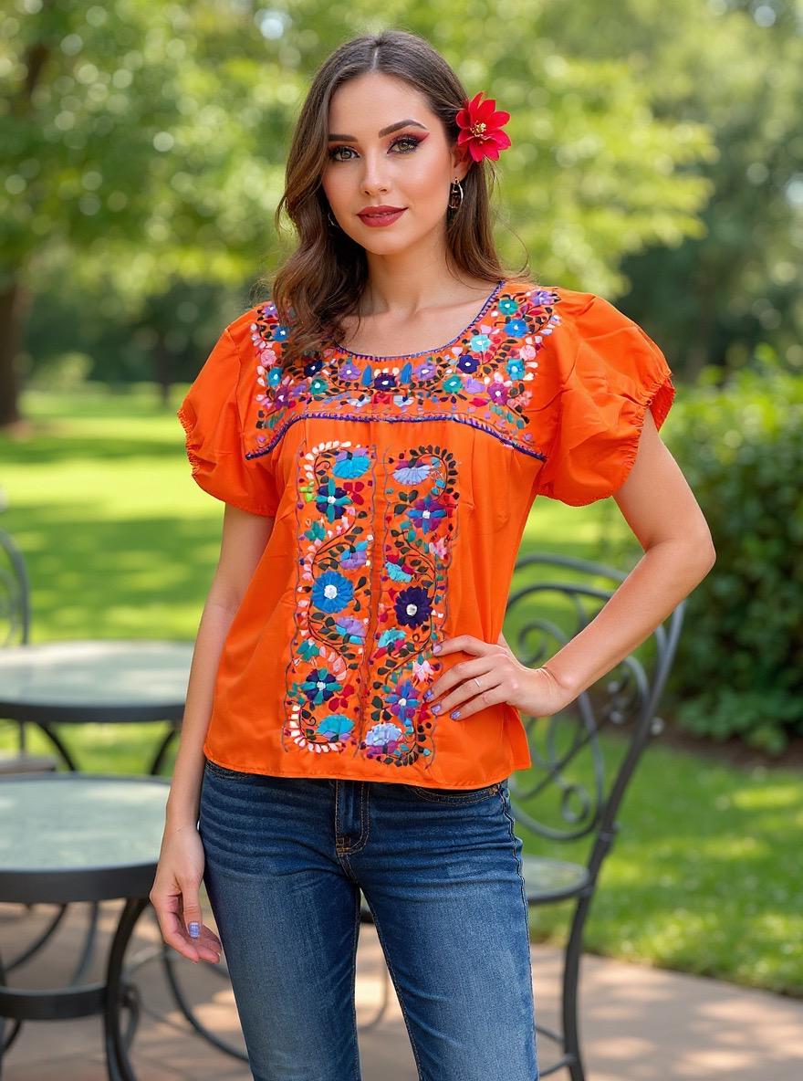 Image of Beautiful Artisanal Extra Embroidered Mexican Blouse, Great look, fresh and light weight in SMALL size