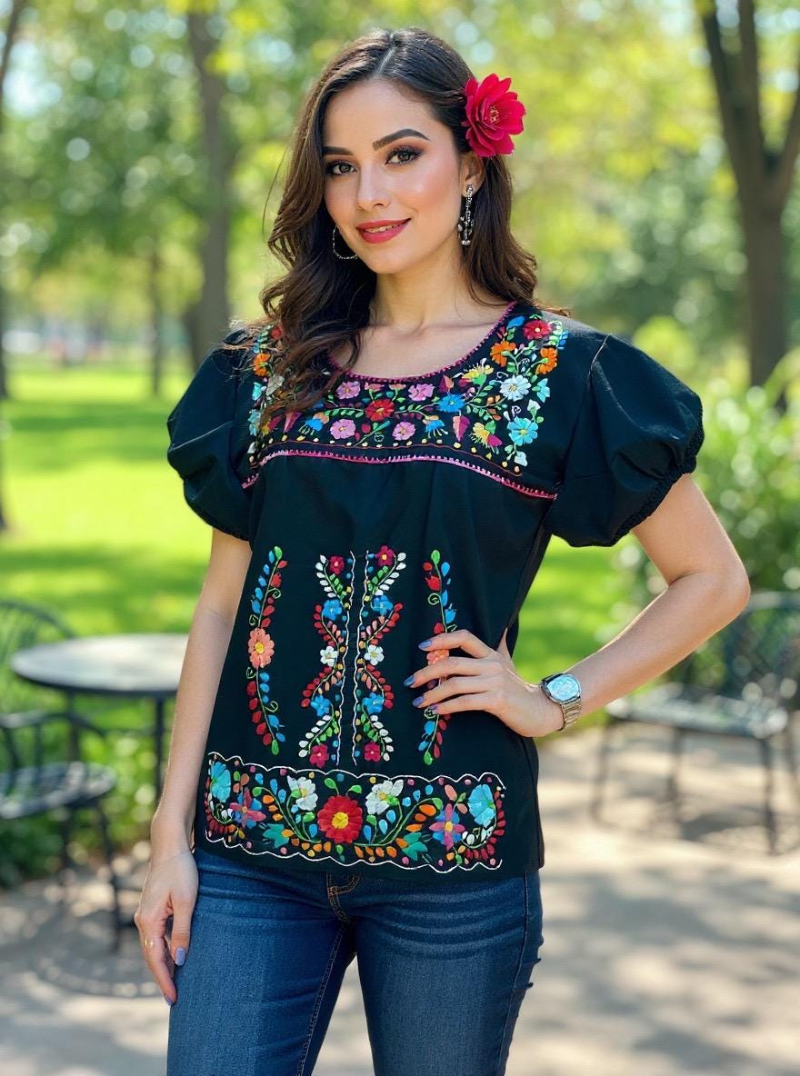 Beautiful Artisanal Extra Embroidered Mexican Blouse, Great look, fresh and light weight in SMALL size