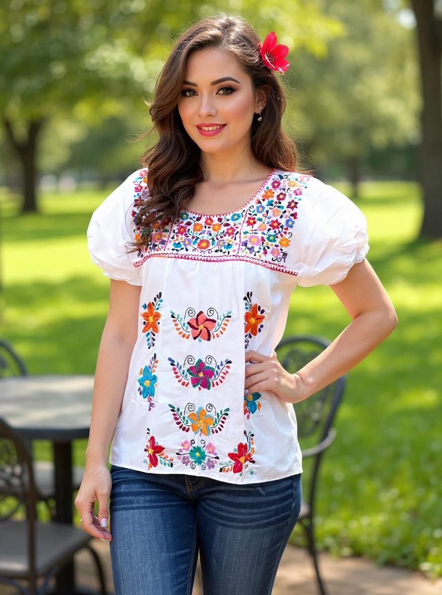 Beautiful Artisanal Extra Embroidered Mexican Blouse, Great look, fresh and light weight in SMALL size