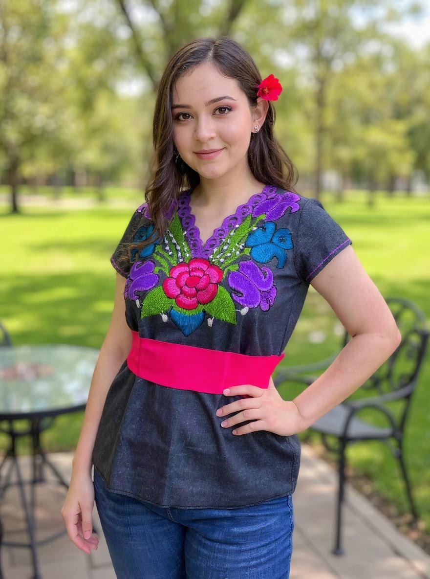Image of Denim Floral Embroidered Mexican Blouse - Handmade Embroidered Blouse - Denim Blouse
